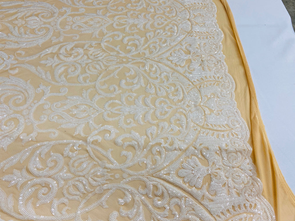 Damask Decor Sequins - White on Nude Mesh - 4 Way Stretch Design High Quality Fabric On Mesh