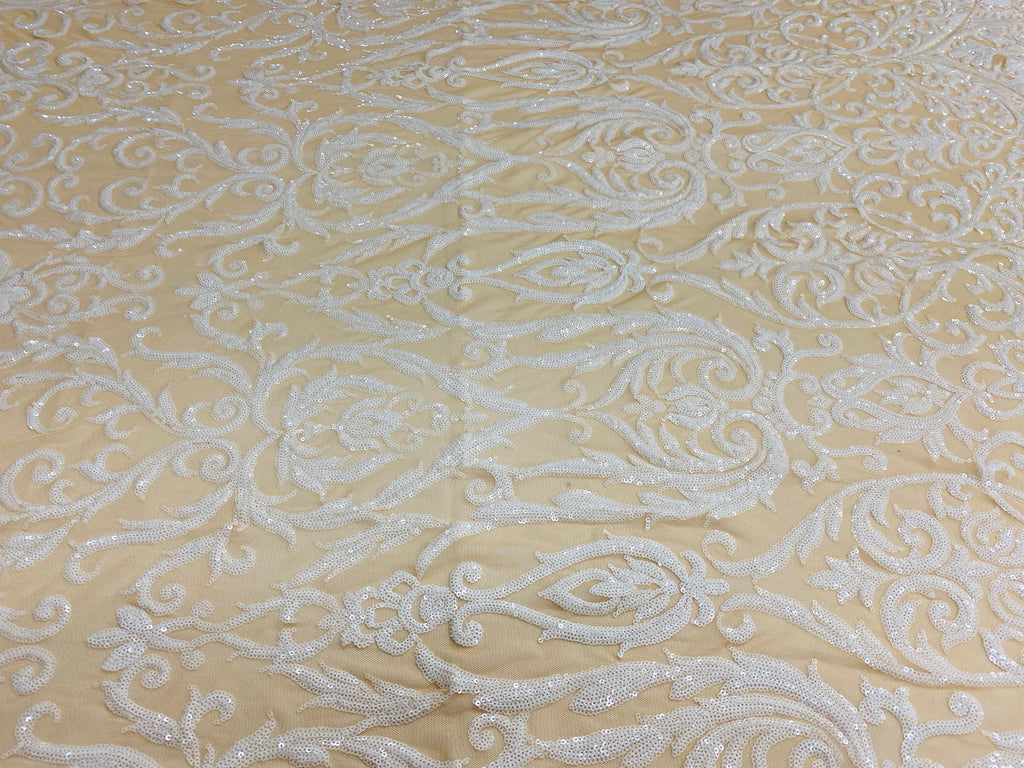 Damask Decor Sequins - White on Nude Mesh - 4 Way Stretch Design High Quality Fabric On Mesh
