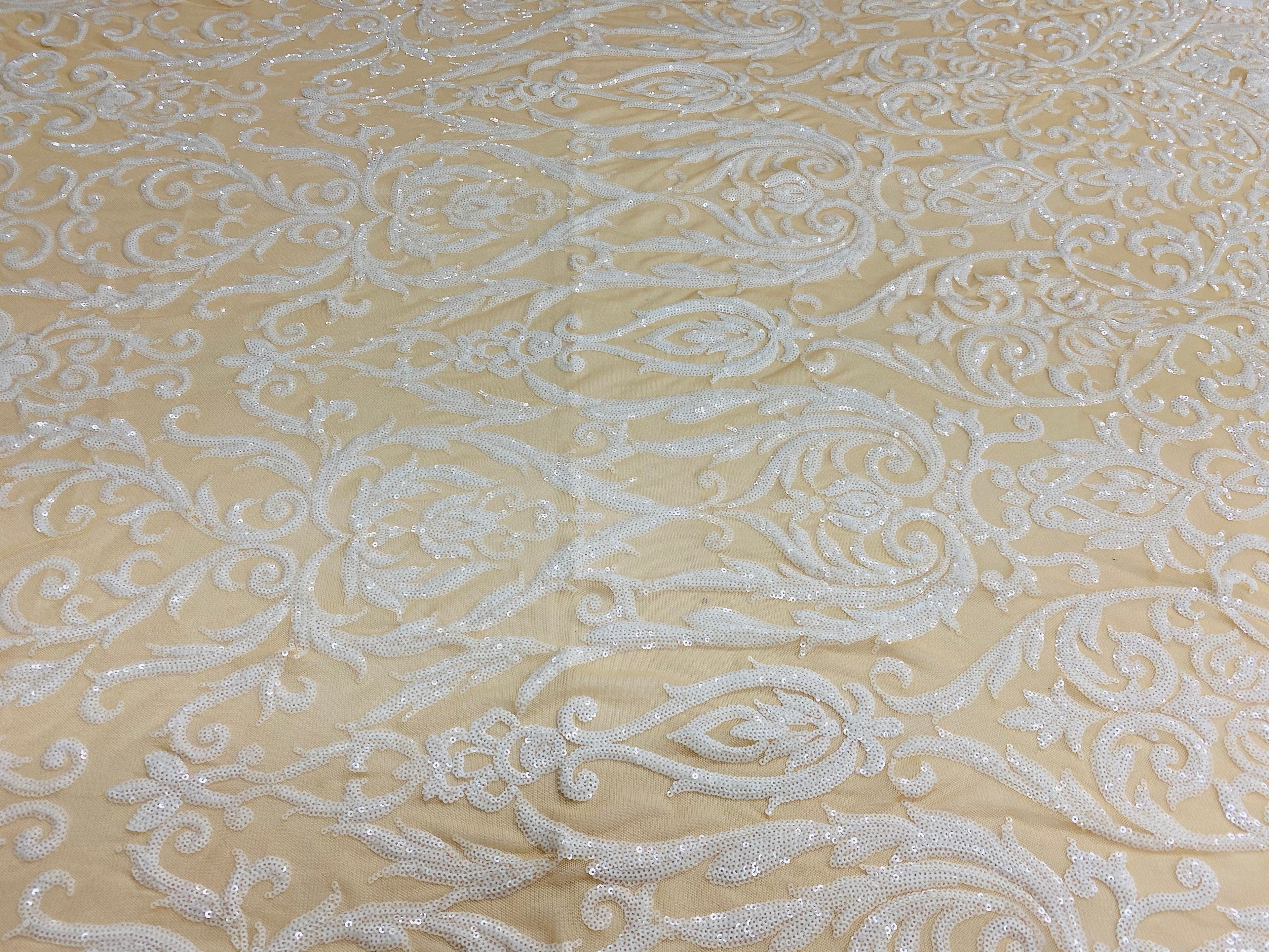 Damask Decor Sequins - White on Nude Mesh - 4 Way Stretch Design High Quality Fabric On Mesh