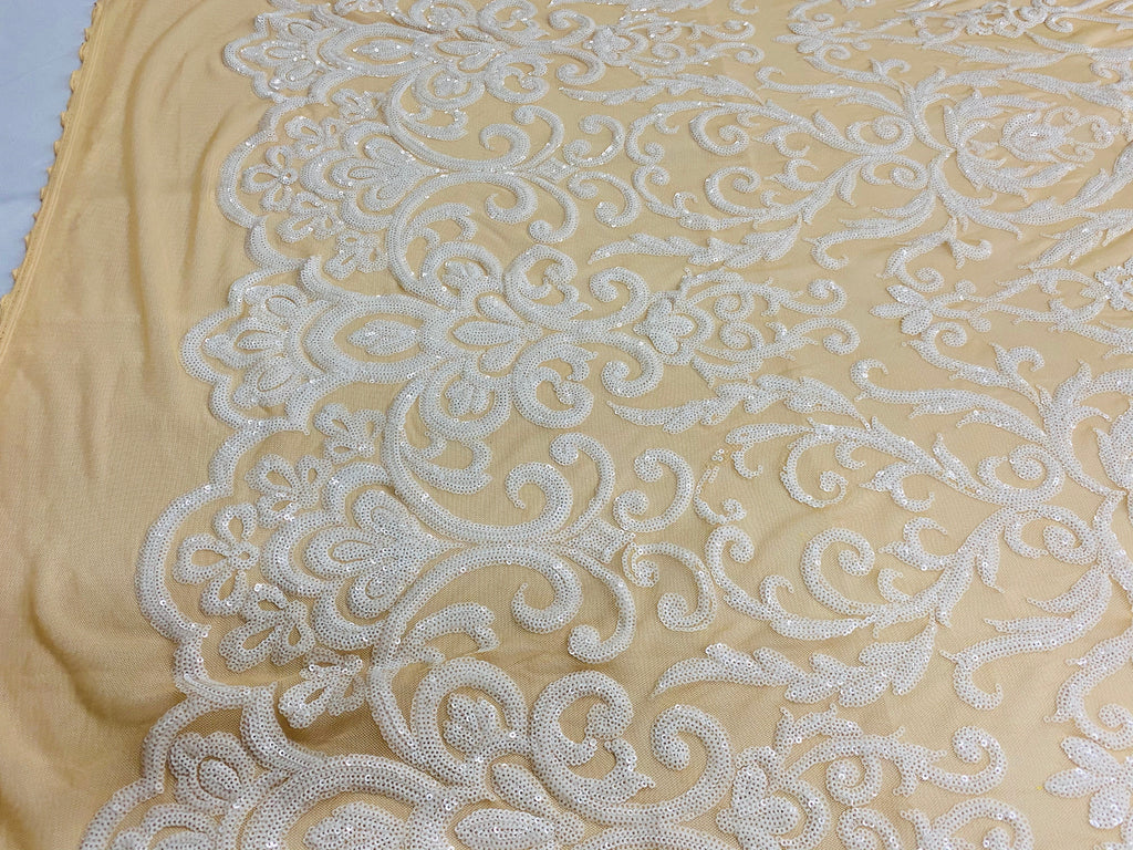 Damask Decor Sequins - White on Nude Mesh - 4 Way Stretch Design High Quality Fabric On Mesh