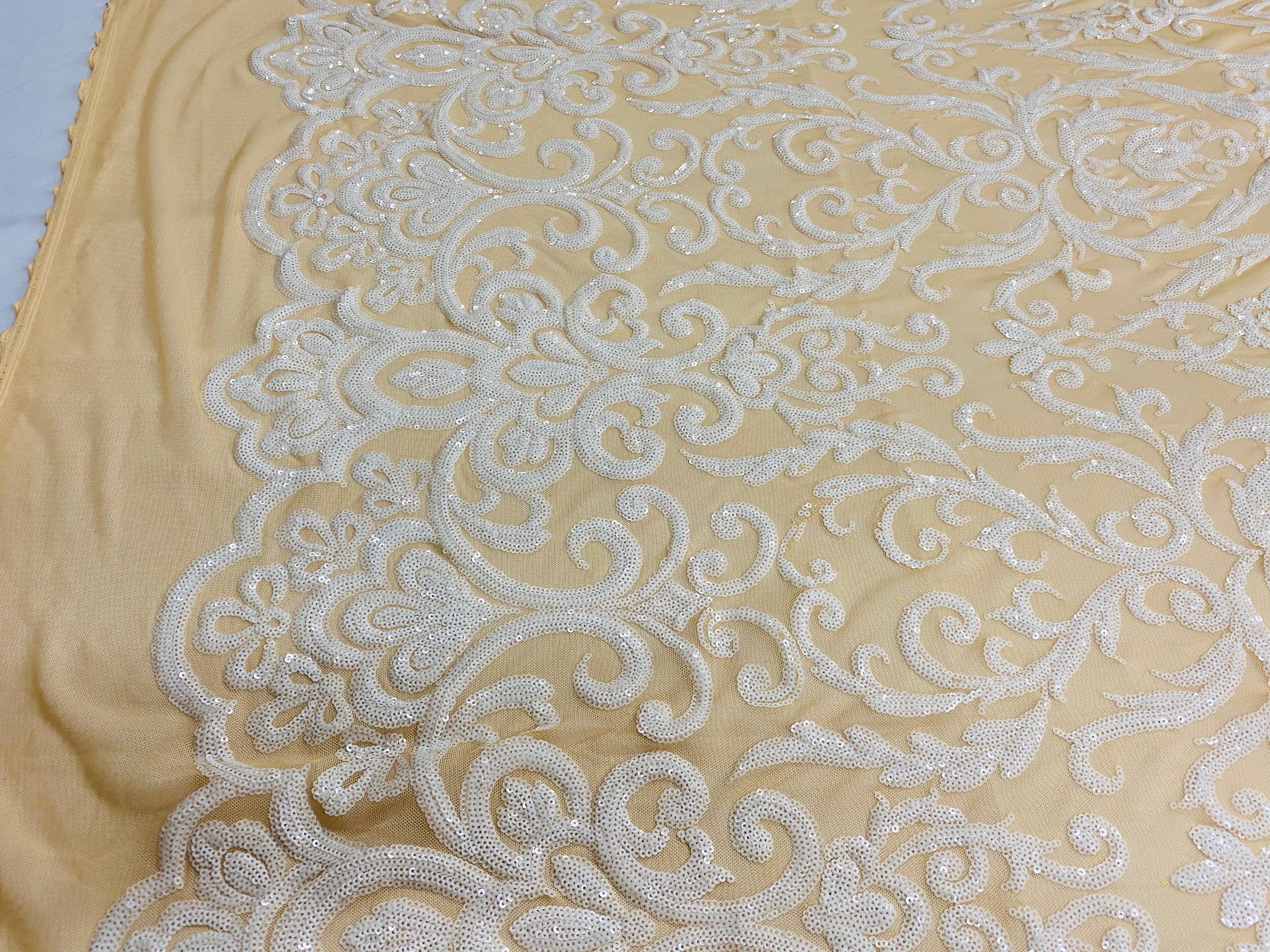 Damask Decor Sequins - White on Nude Mesh - 4 Way Stretch Design High Quality Fabric On Mesh