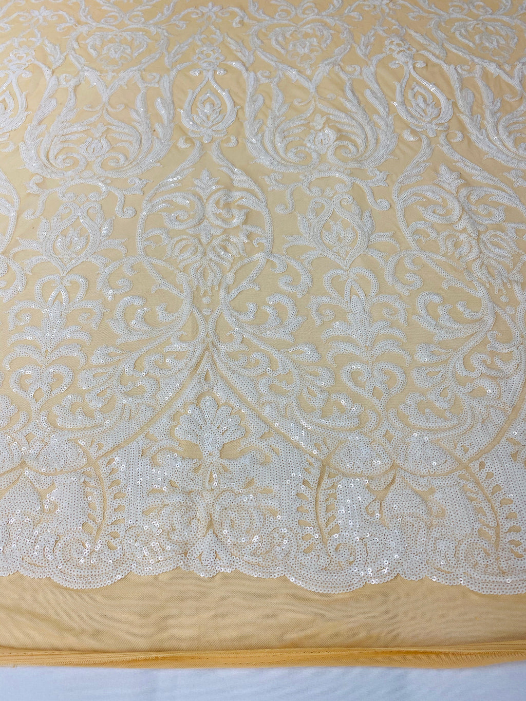 Damask Decor Sequins - White on Nude Mesh - 4 Way Stretch Design High Quality Fabric On Mesh