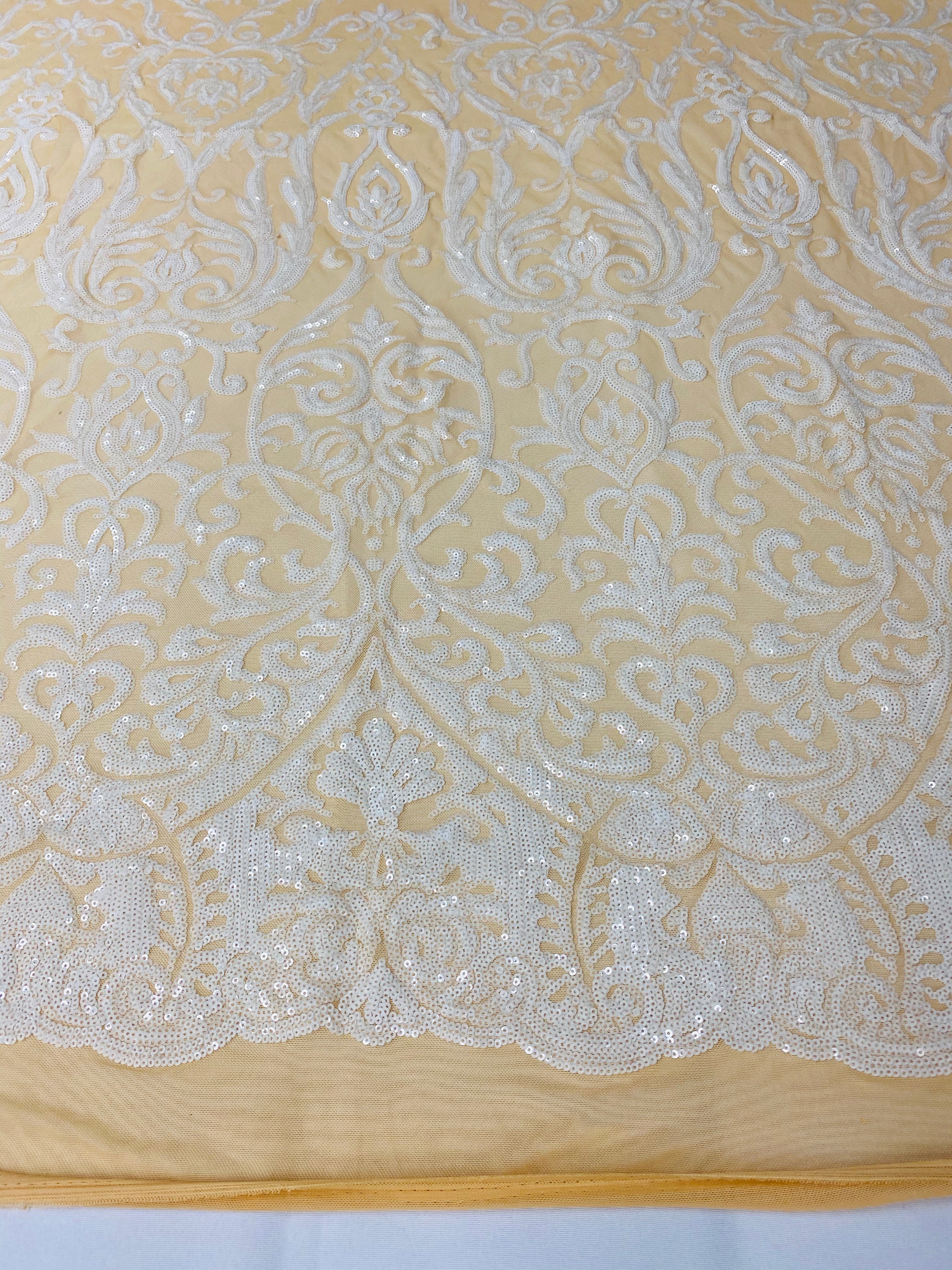 Damask Decor Sequins - White on Nude Mesh - 4 Way Stretch Design High Quality Fabric On Mesh