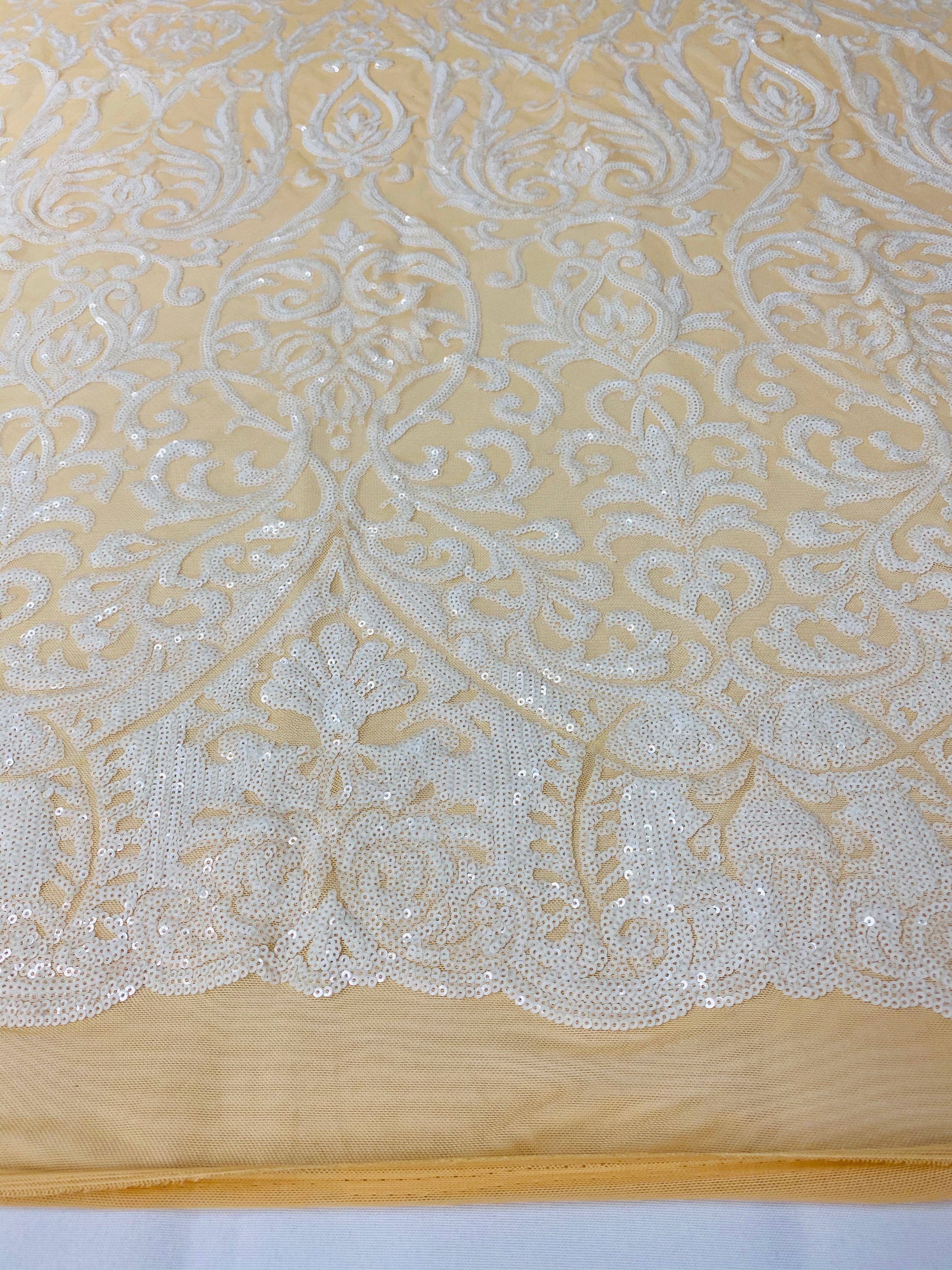 Damask Decor Sequins - White on Nude Mesh - 4 Way Stretch Design High Quality Fabric On Mesh