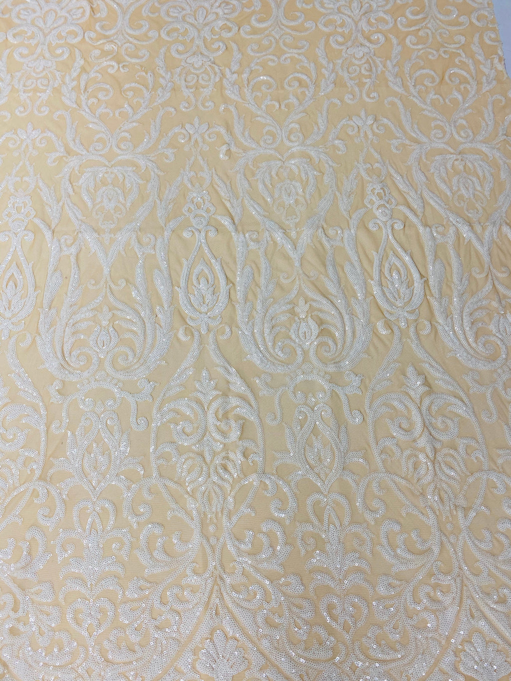 Damask Decor Sequins - White on Nude Mesh - 4 Way Stretch Design High Quality Fabric On Mesh