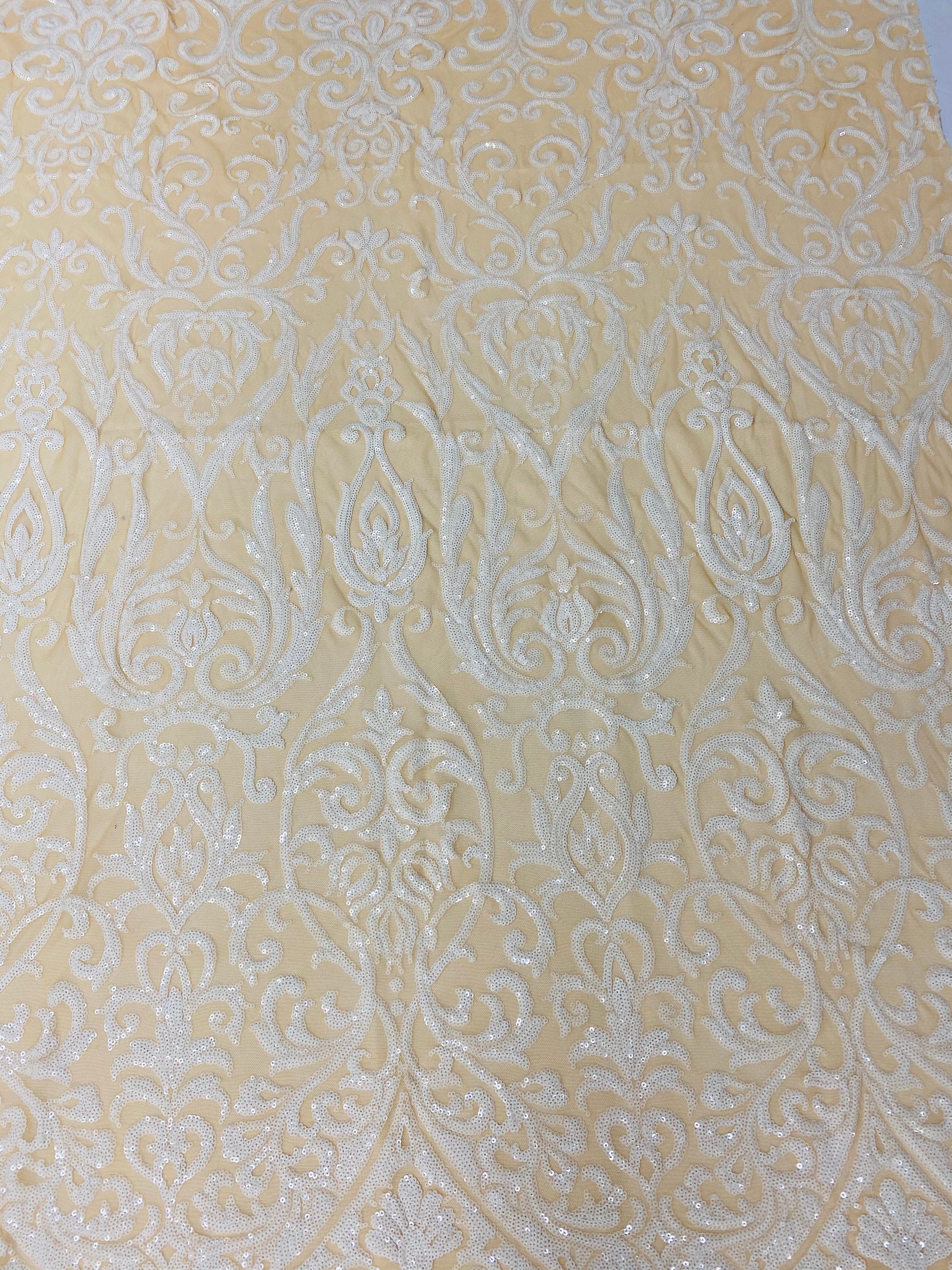 Damask Decor Sequins - White on Nude Mesh - 4 Way Stretch Design High Quality Fabric On Mesh