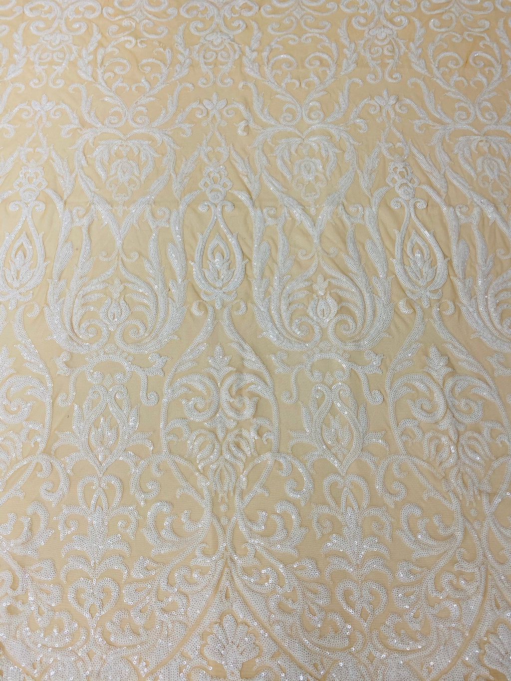 Damask Decor Sequins - White on Nude Mesh - 4 Way Stretch Design High Quality Fabric On Mesh