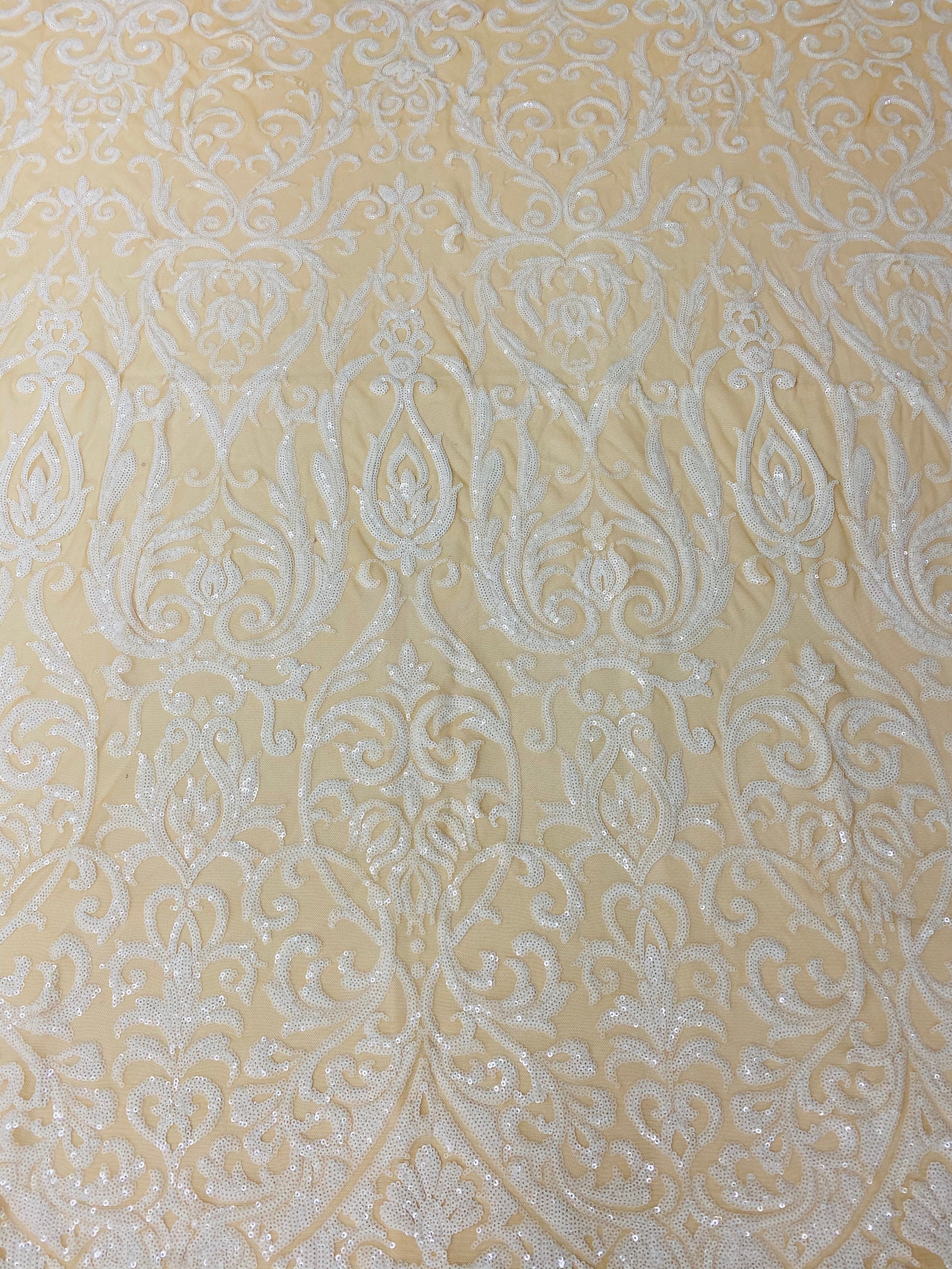 Damask Decor Sequins - White on Nude Mesh - 4 Way Stretch Design High Quality Fabric On Mesh