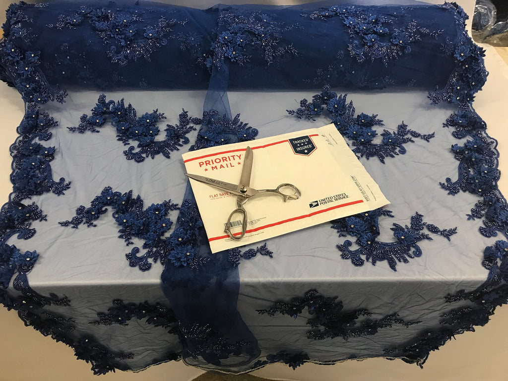Floral - Royal Blue - 3D Beaded Embroidery Fabric with Rhinestones - Beautiful Design by The Yard