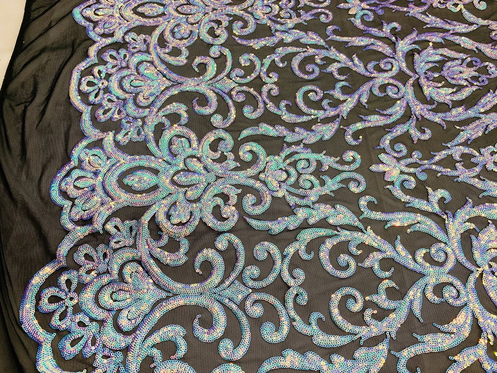Damask Decor Sequins - Sky Blue on Black Mesh - 4 Way Stretch Design High Quality Fabric