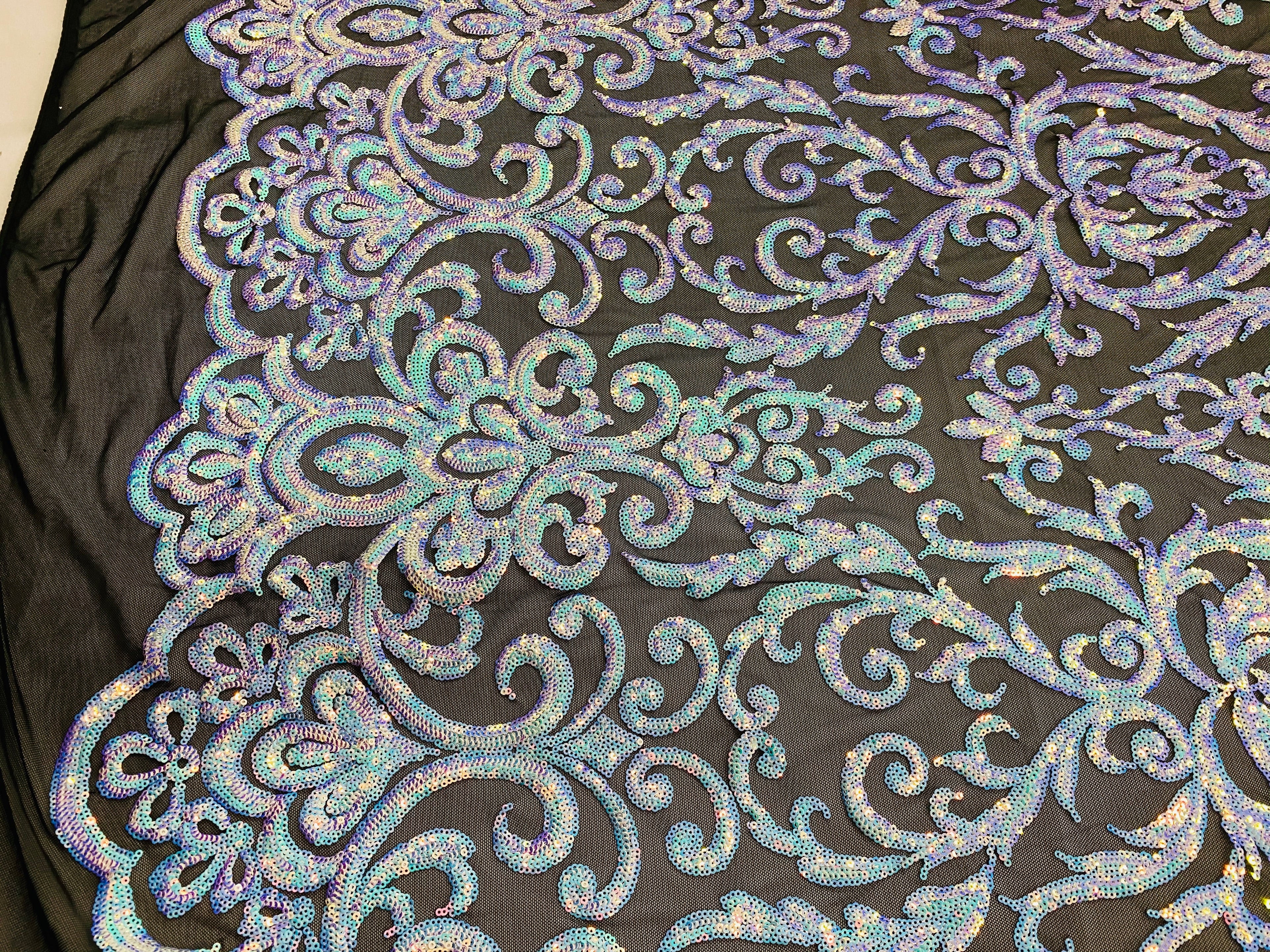 Damask Decor Sequins - Sky Blue on Black Mesh - 4 Way Stretch Design High Quality Fabric