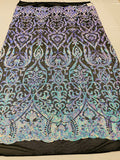 Damask Decor Sequins - Sky Blue on Black Mesh - 4 Way Stretch Design High Quality Fabric