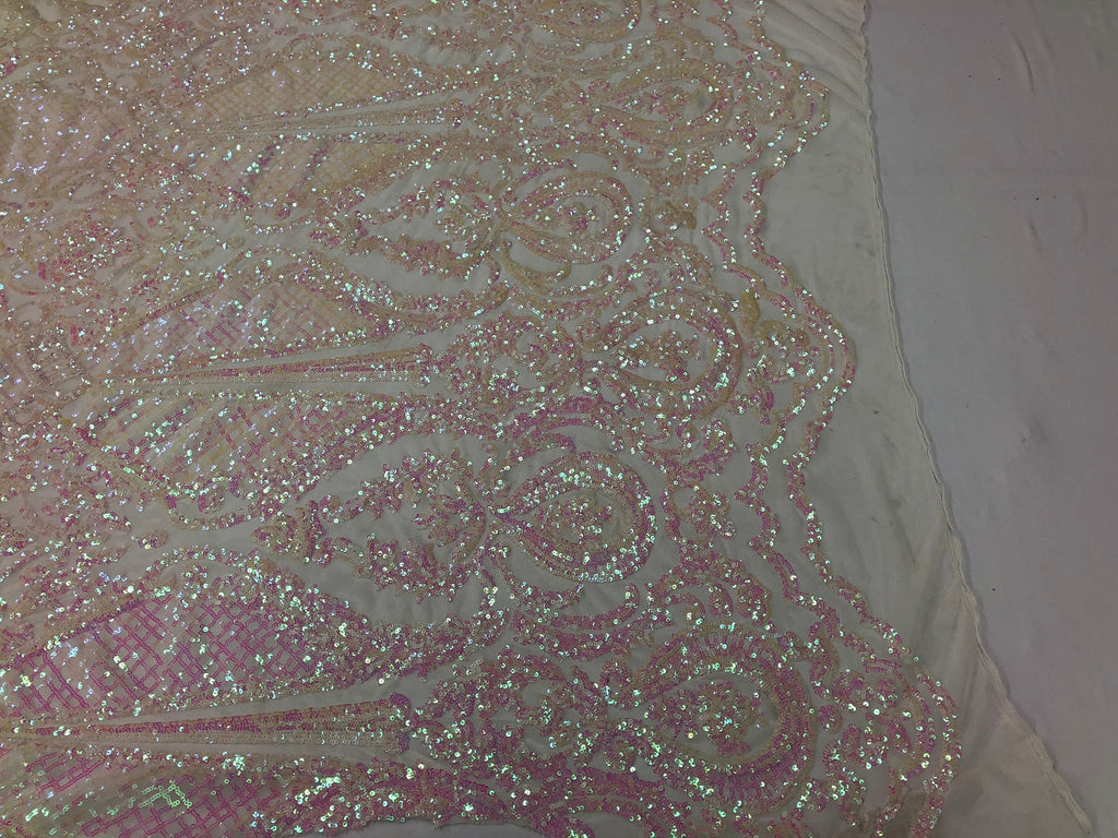 Iridescent Pink Sequin, 4 Way Stretch Damask Design Fabric On Stretch Mesh By The Yard