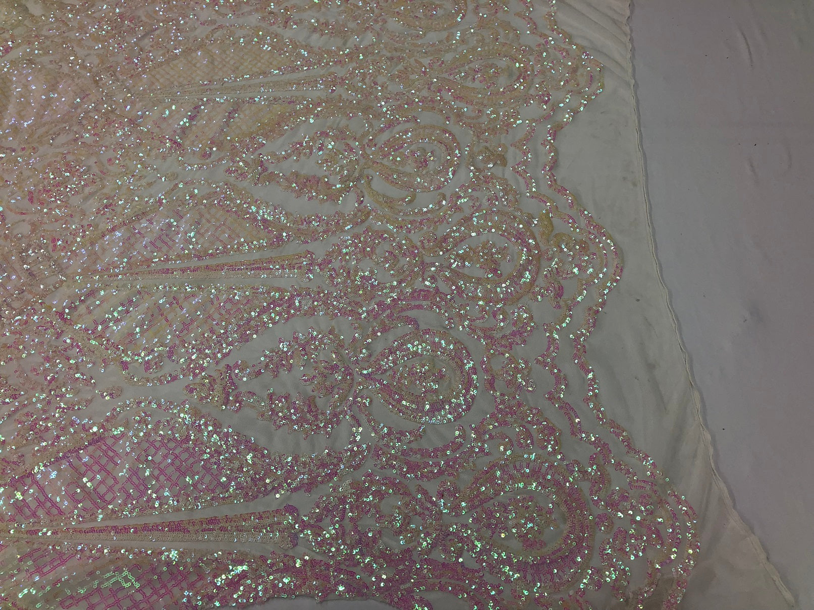 Iridescent Pink Sequin, 4 Way Stretch Damask Design Fabric On Stretch Mesh By The Yard