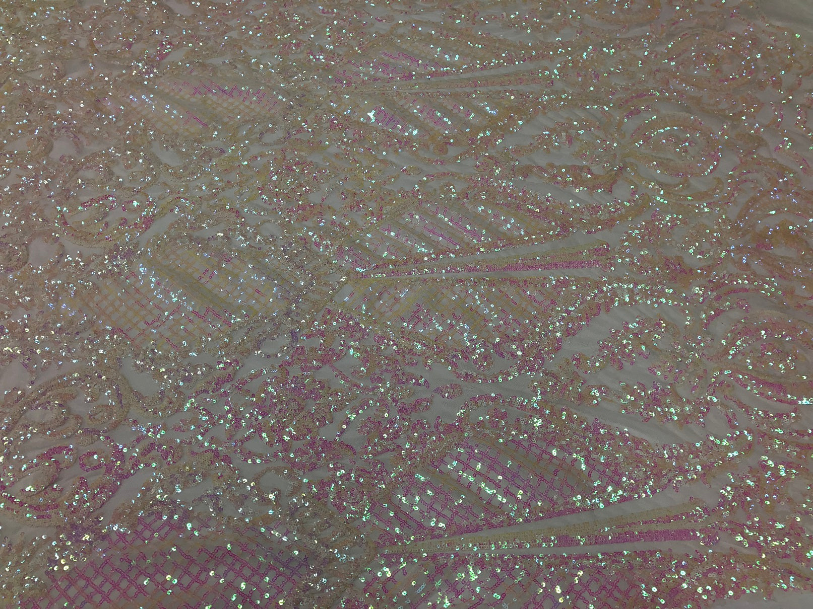 Iridescent Pink Sequin, 4 Way Stretch Damask Design Fabric On Stretch Mesh By The Yard