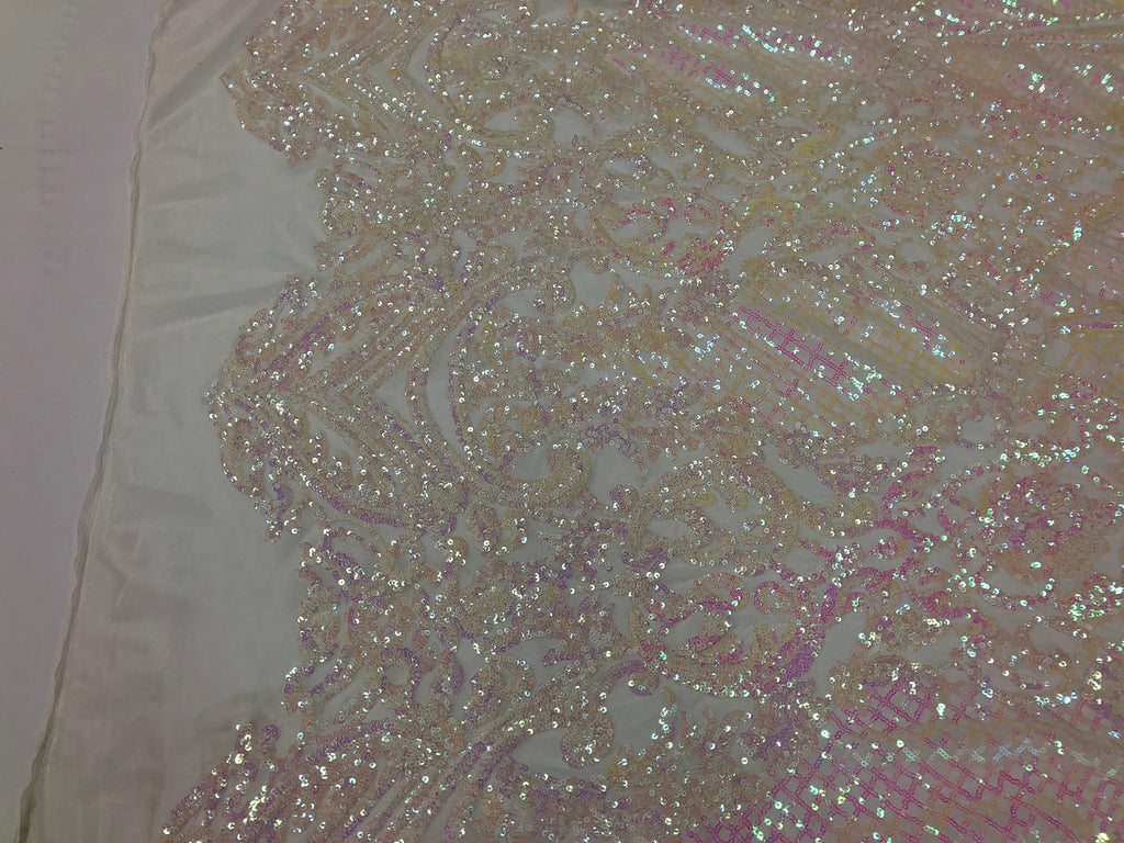 Iridescent Pink Sequin, 4 Way Stretch Damask Design Fabric On Stretch Mesh By The Yard