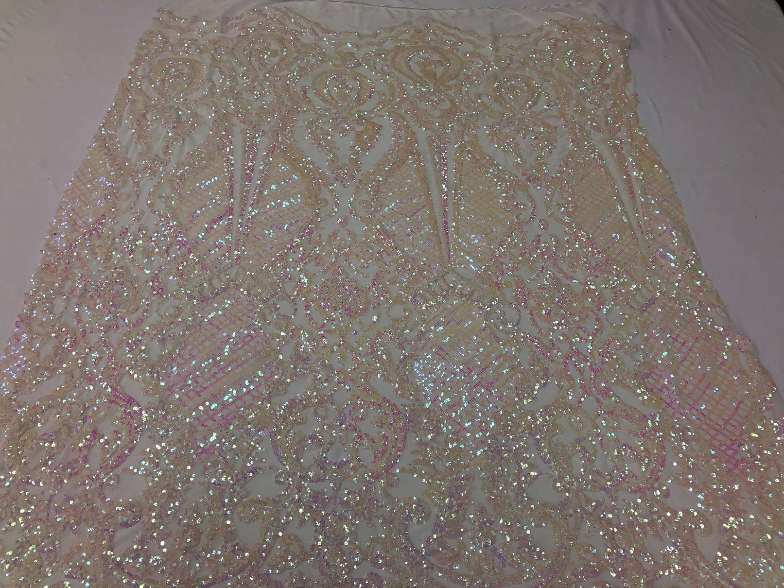 Iridescent Pink Sequin, 4 Way Stretch Damask Design Fabric On Stretch Mesh By The Yard