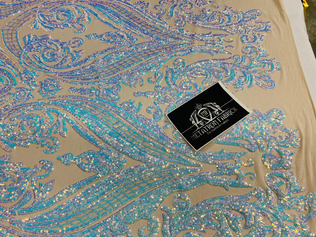 Big Damask Sequins Fabric - Iridescent Aqua - 4 Way Stretch Damask Sequins Design Fabric By Yard