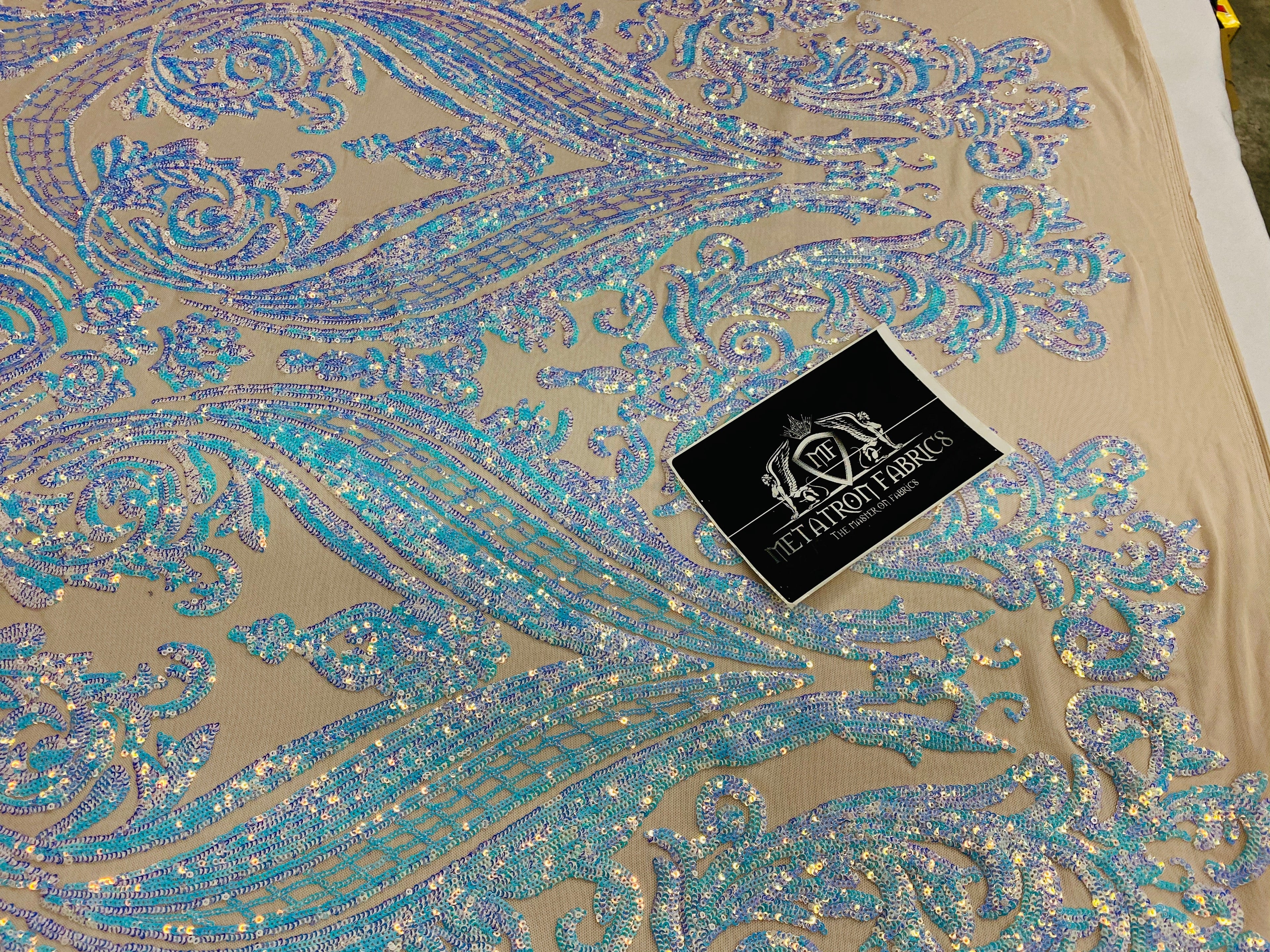 Big Damask Sequins Fabric - Iridescent Aqua - 4 Way Stretch Damask Sequins Design Fabric By Yard