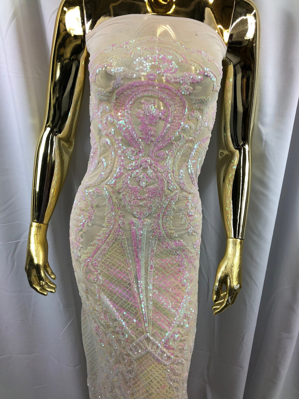 Iridescent Pink Sequin, 4 Way Stretch Damask Design Fabric On Stretch Mesh By The Yard