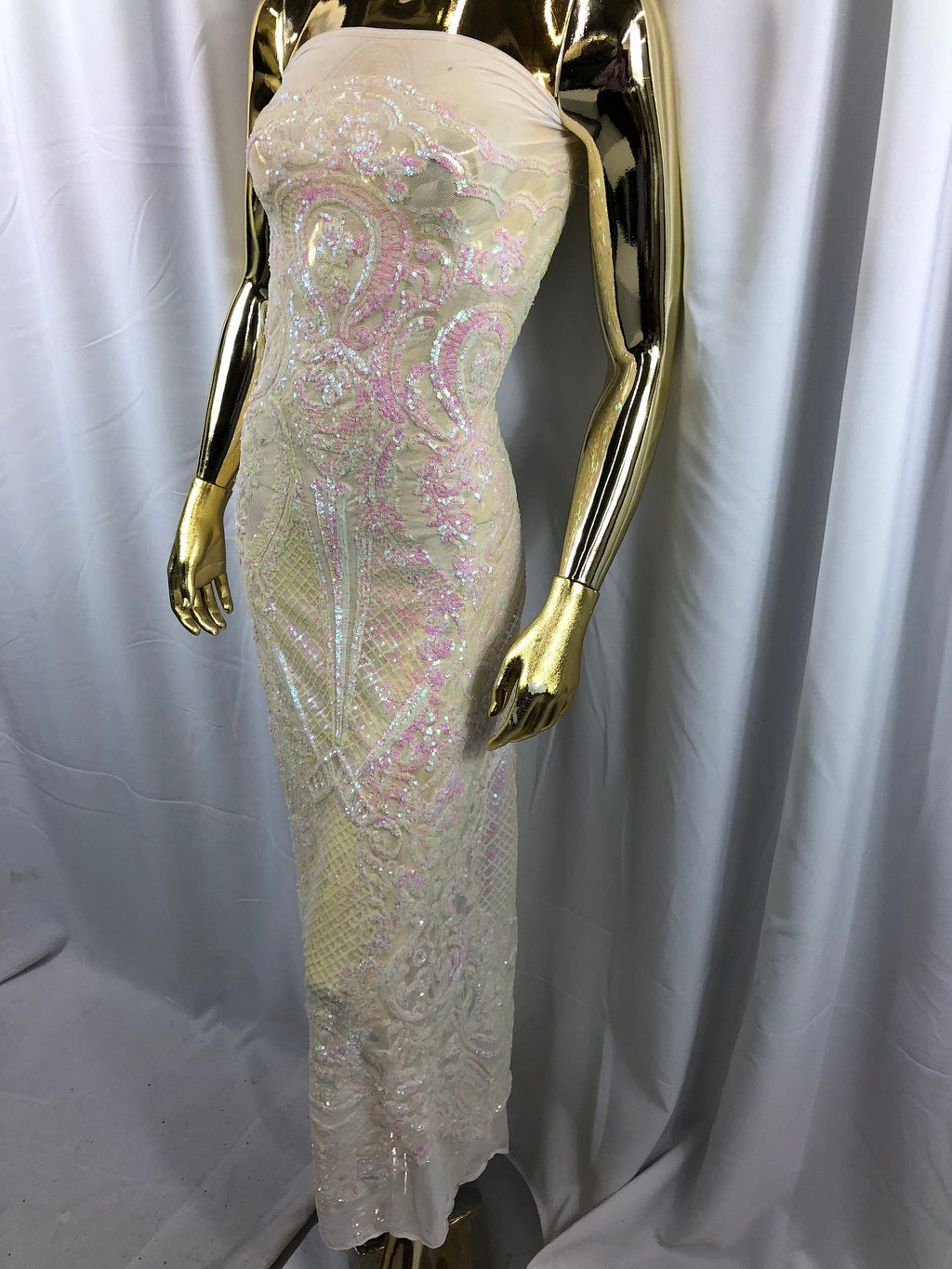 Iridescent Pink Sequin, 4 Way Stretch Damask Design Fabric On Stretch Mesh By The Yard