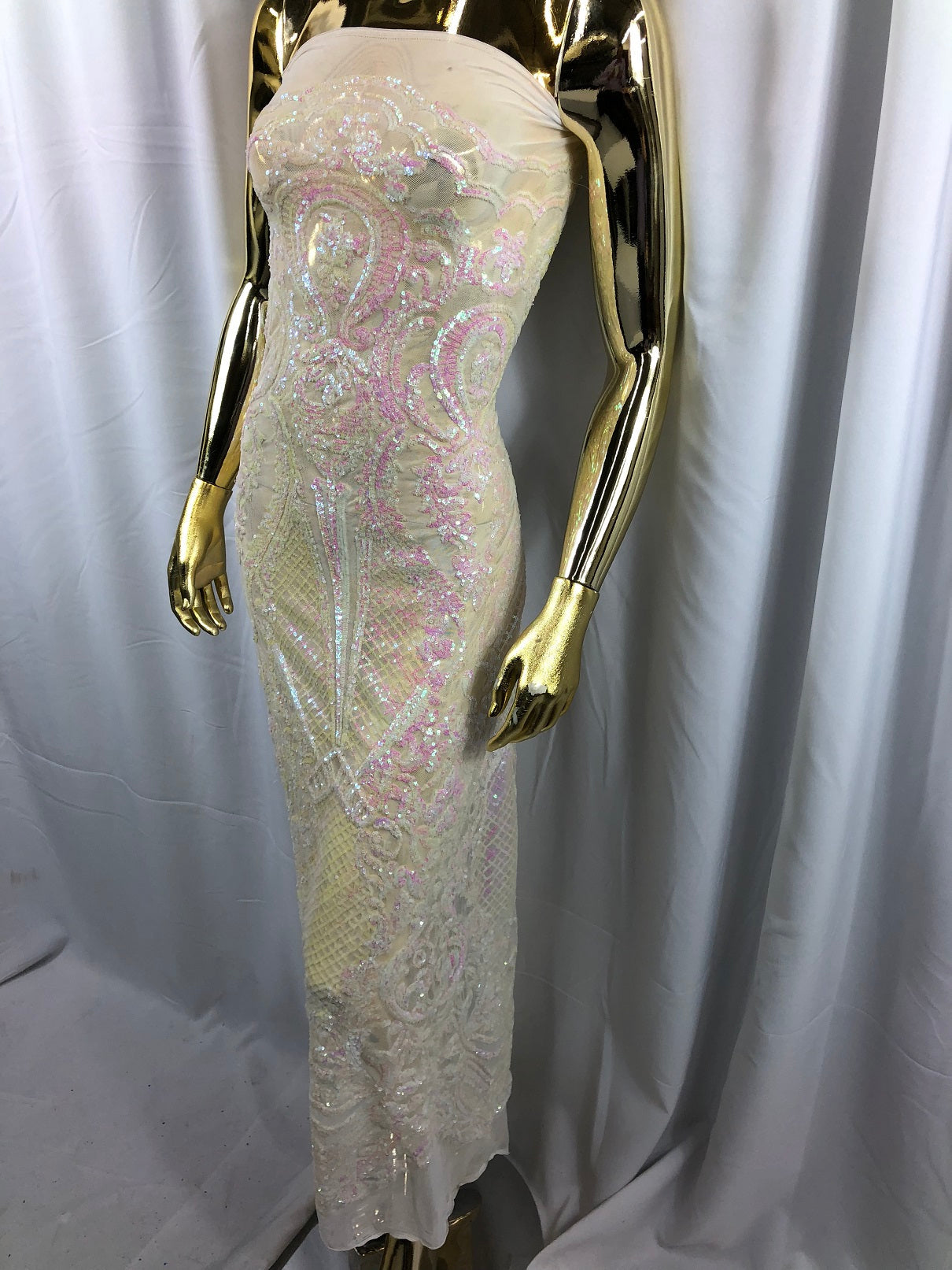 Iridescent Pink Sequin, 4 Way Stretch Damask Design Fabric On Stretch Mesh By The Yard