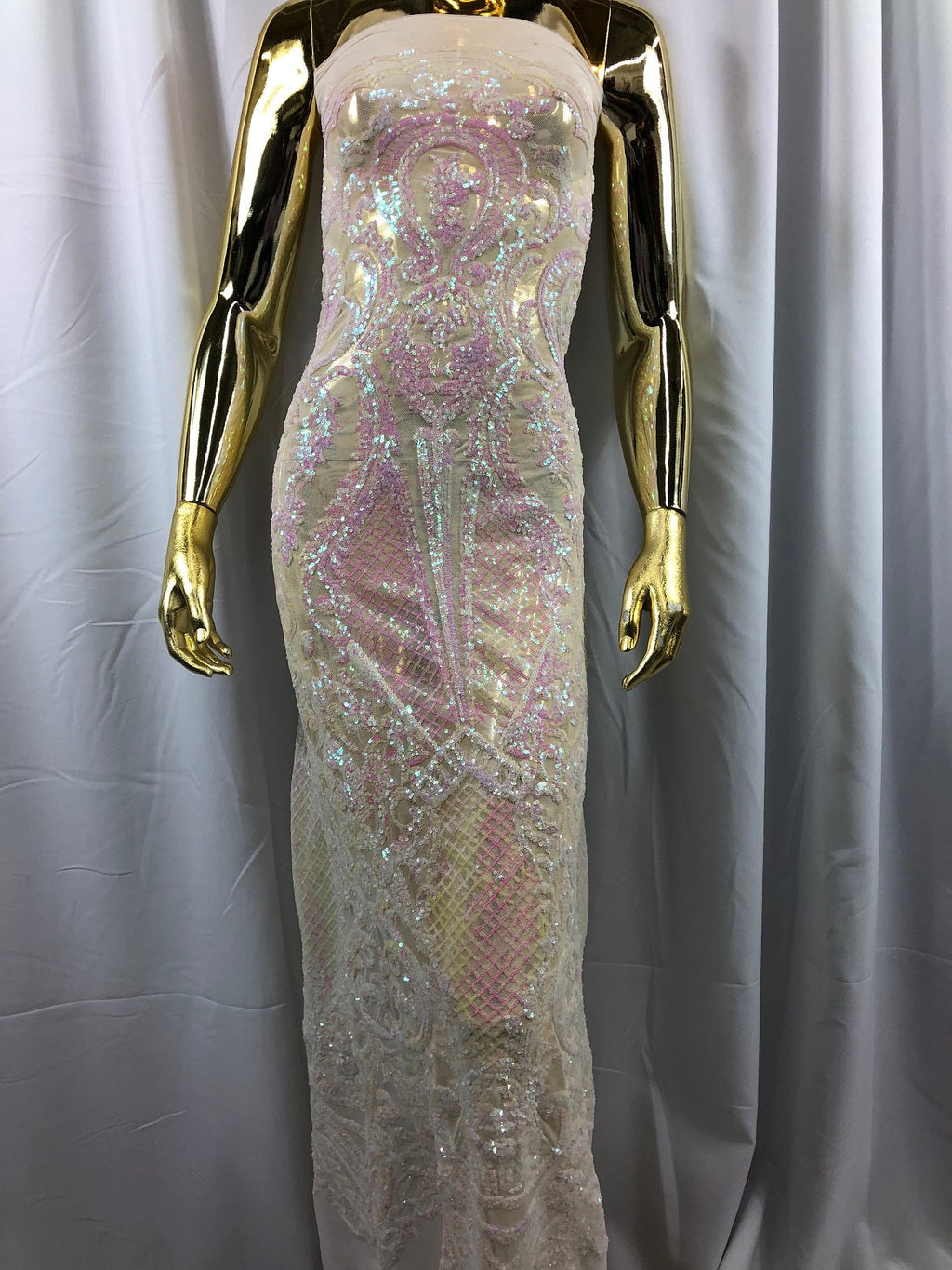 Iridescent Pink Sequin, 4 Way Stretch Damask Design Fabric On Stretch Mesh By The Yard