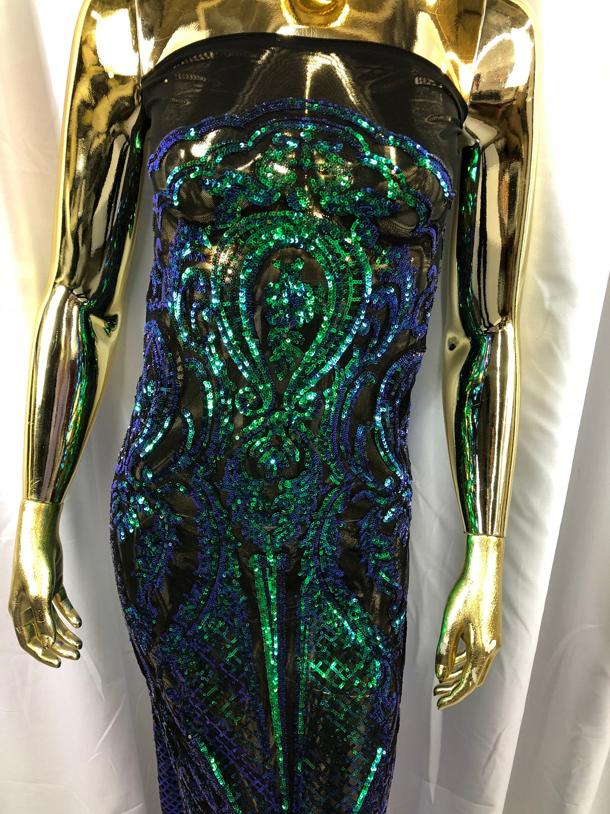 Iridescent Green Sequin, 4 Way Stretch Damask Design Fabric On Black Stretch Mesh By The Yard