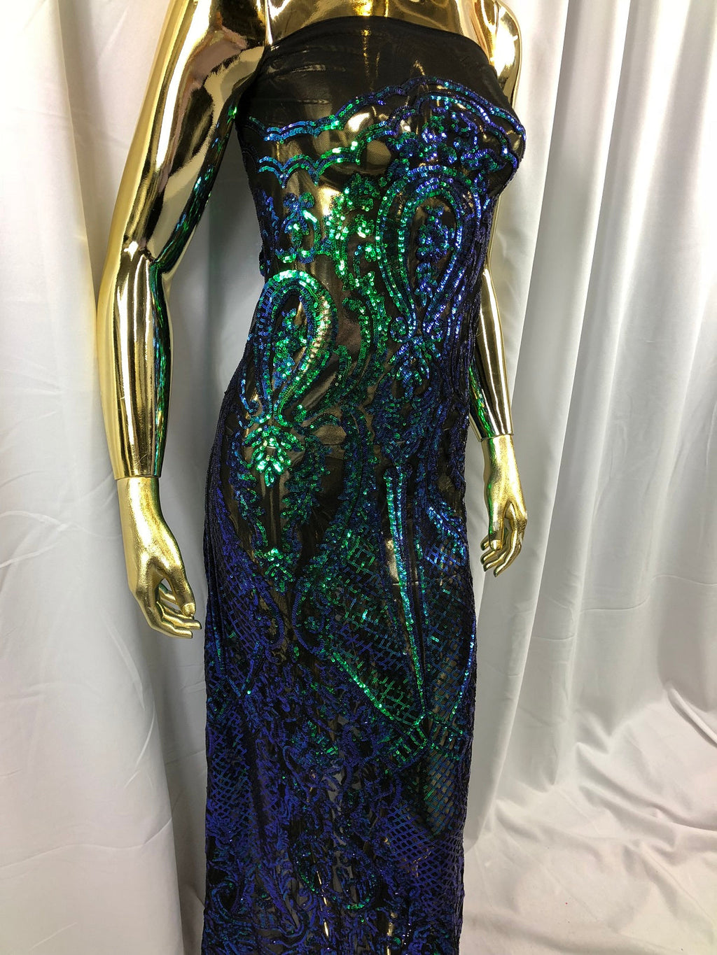 Iridescent Green Sequin, 4 Way Stretch Damask Design Fabric On Black Stretch Mesh By The Yard