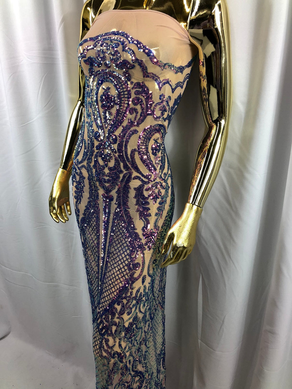 Iridescent Lavender Sequin, 4 Way Stretch Damask Design Fabric On Nude Stretch Mesh By The Yard