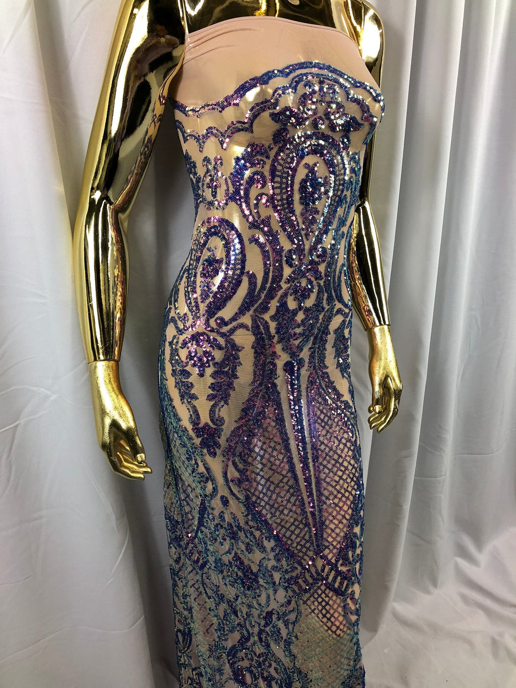 Iridescent Lavender Sequin, 4 Way Stretch Damask Design Fabric On Nude Stretch Mesh By The Yard