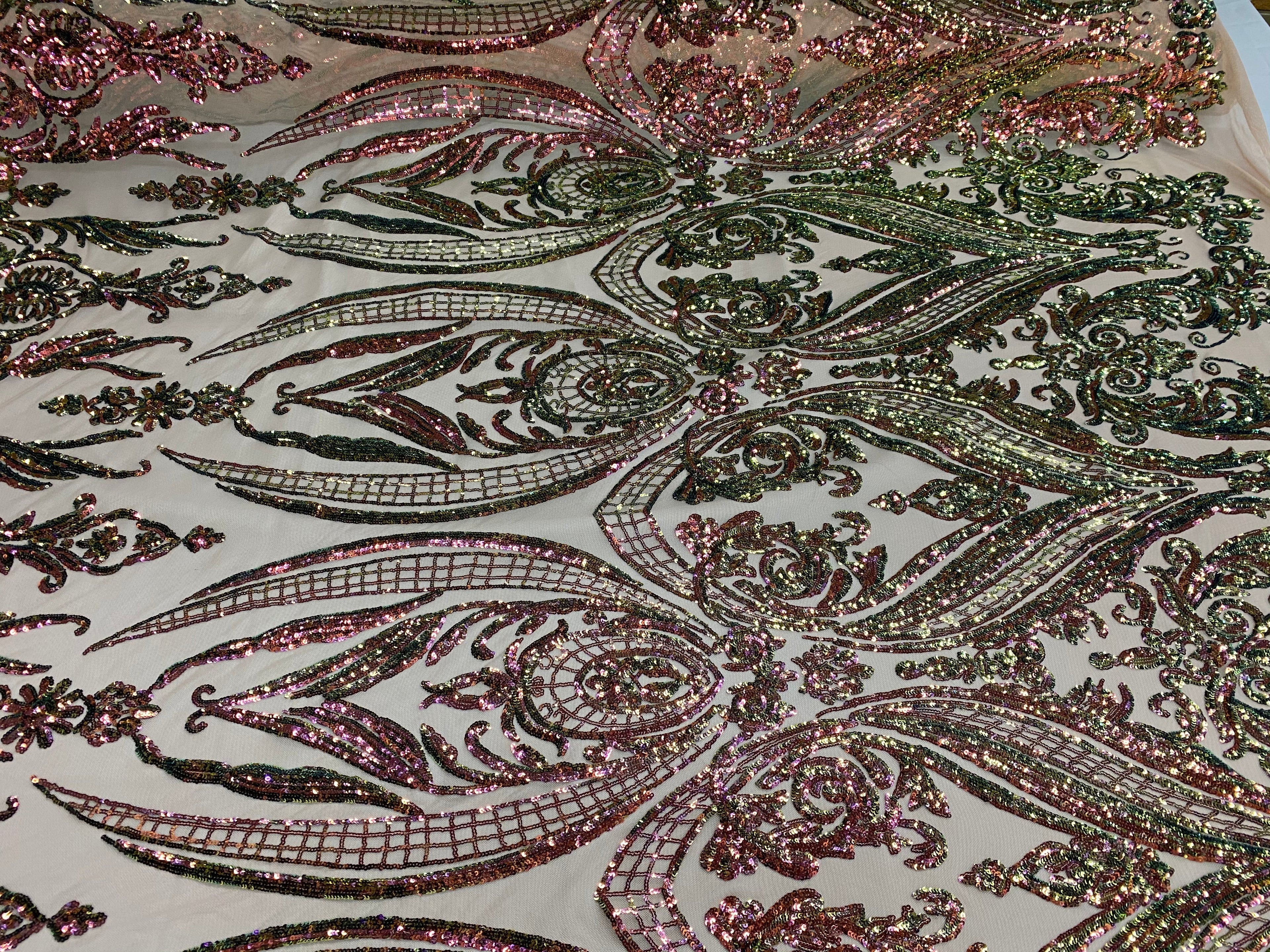 Big Damask Sequins Fabric - Iridescent Pink/Green - 4 Way Stretch Damask Sequins Design Fabric By Yard