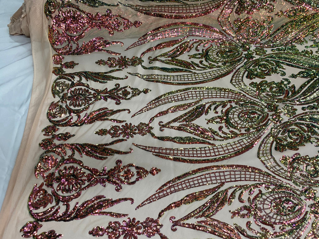 Big Damask Sequins Fabric - Iridescent Pink/Green - 4 Way Stretch Damask Sequins Design Fabric By Yard
