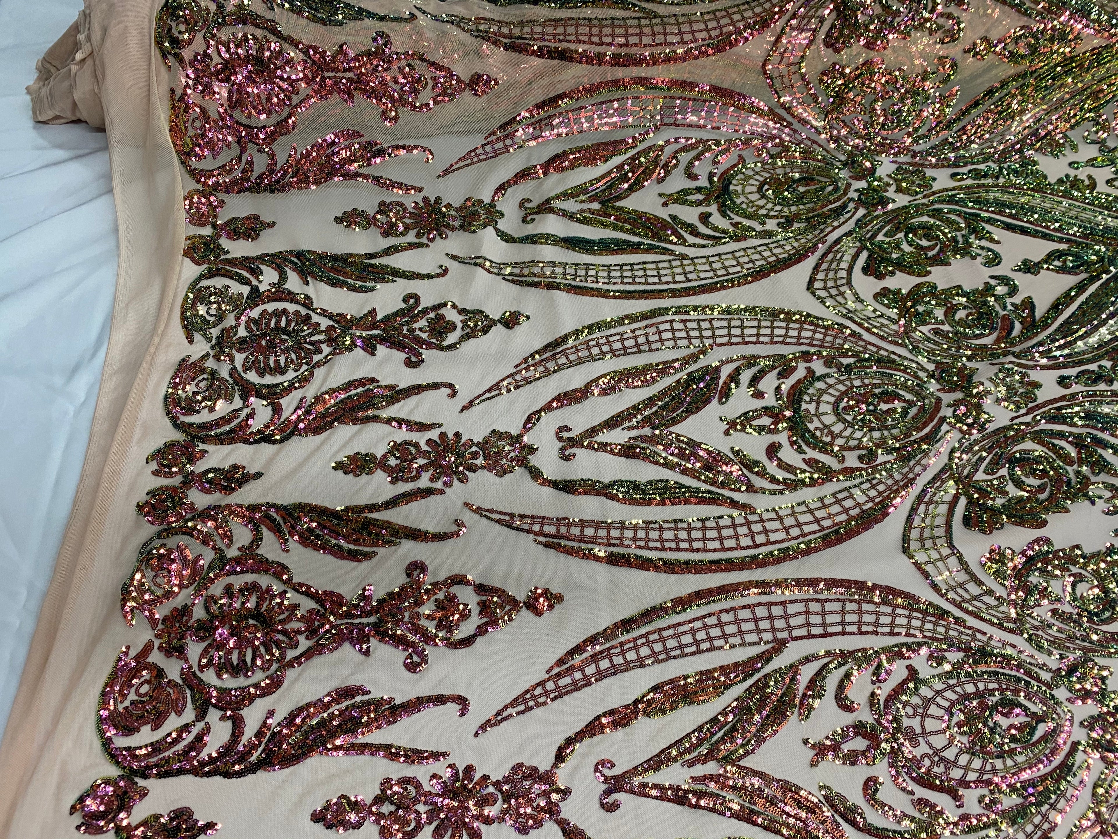 Big Damask Sequins Fabric - Iridescent Pink/Green - 4 Way Stretch Damask Sequins Design Fabric By Yard