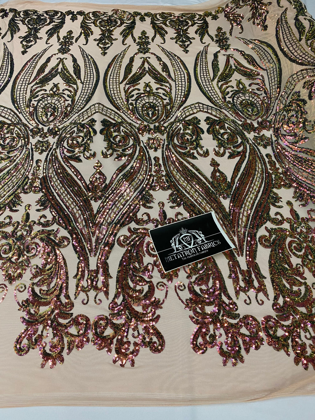 Big Damask Sequins Fabric - Iridescent Pink/Green - 4 Way Stretch Damask Sequins Design Fabric By Yard