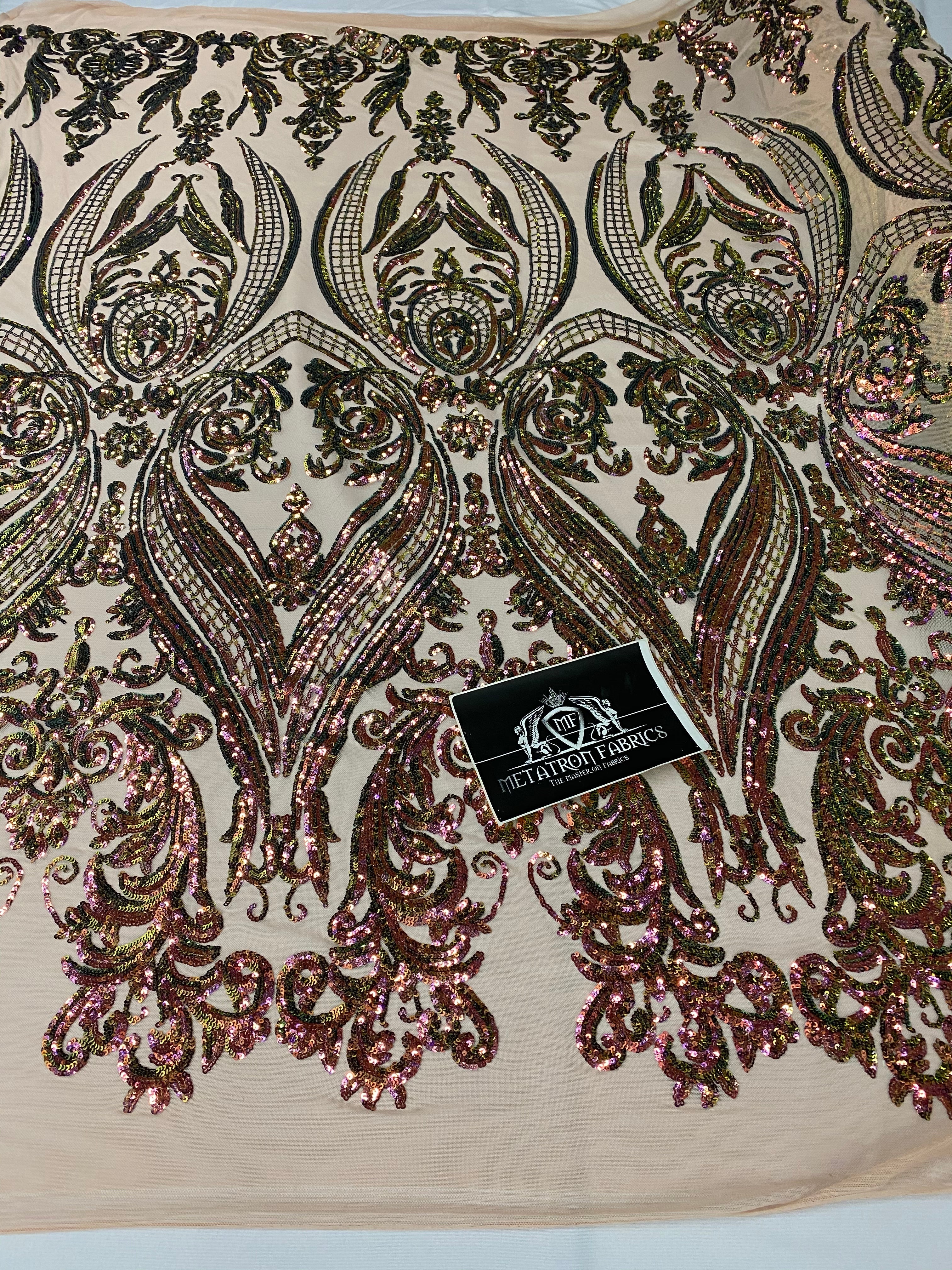 Big Damask Sequins Fabric - Iridescent Pink/Green - 4 Way Stretch Damask Sequins Design Fabric By Yard