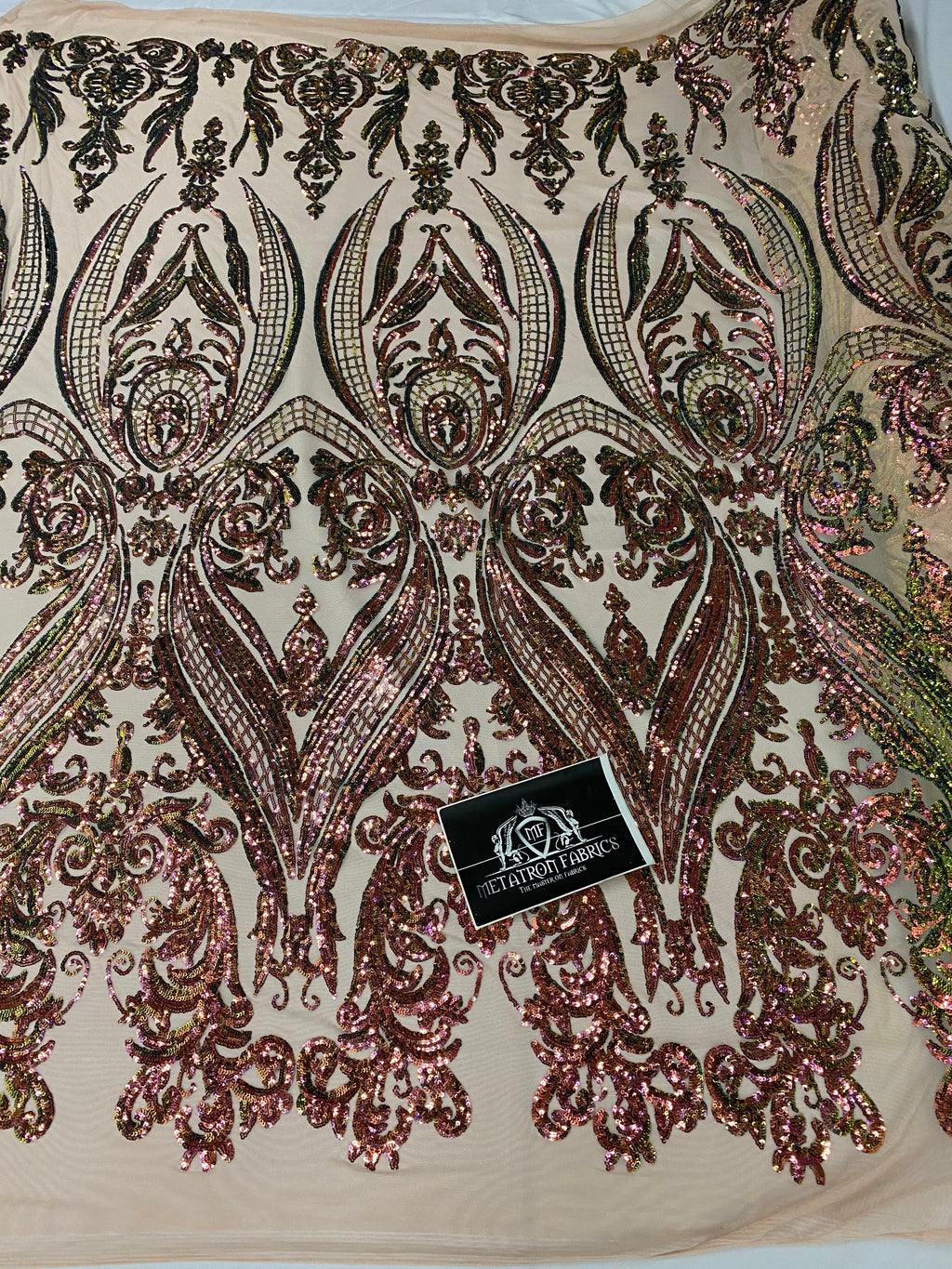 Big Damask Sequins Fabric - Iridescent Pink/Green - 4 Way Stretch Damask Sequins Design Fabric By Yard