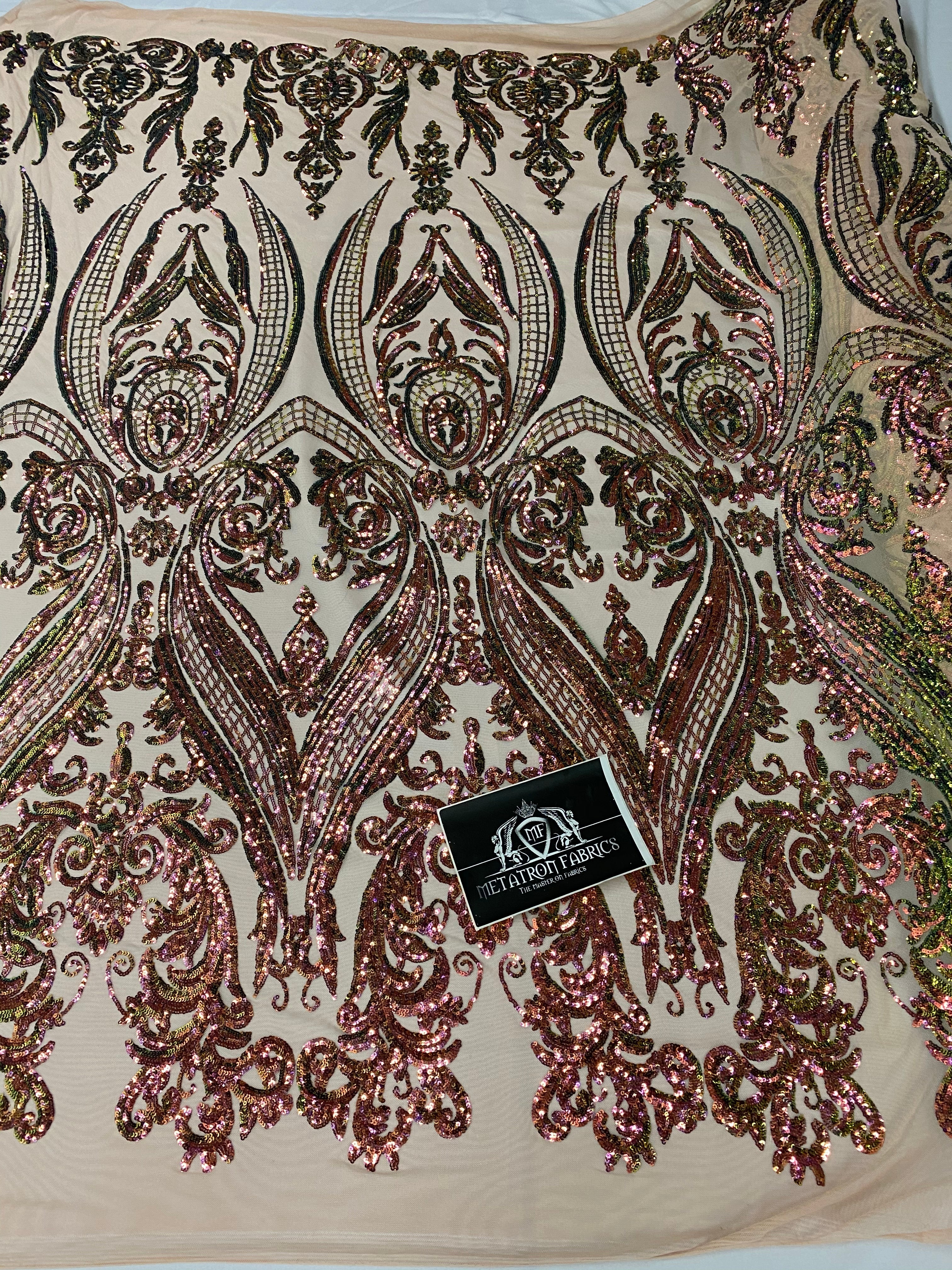 Big Damask Sequins Fabric - Iridescent Pink/Green - 4 Way Stretch Damask Sequins Design Fabric By Yard
