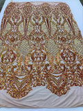 Iridescent - Orange Nude - 4 Way Stretch Sequins Damask Pattern Fabric by the Yard
