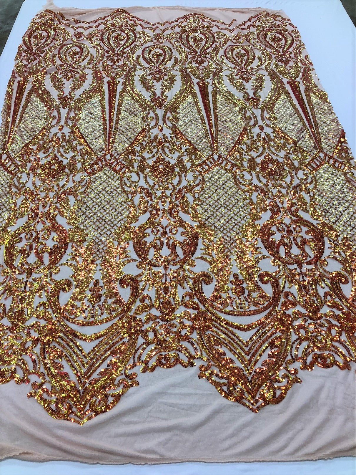 Iridescent - Orange Nude - 4 Way Stretch Sequins Damask Pattern Fabric by the Yard