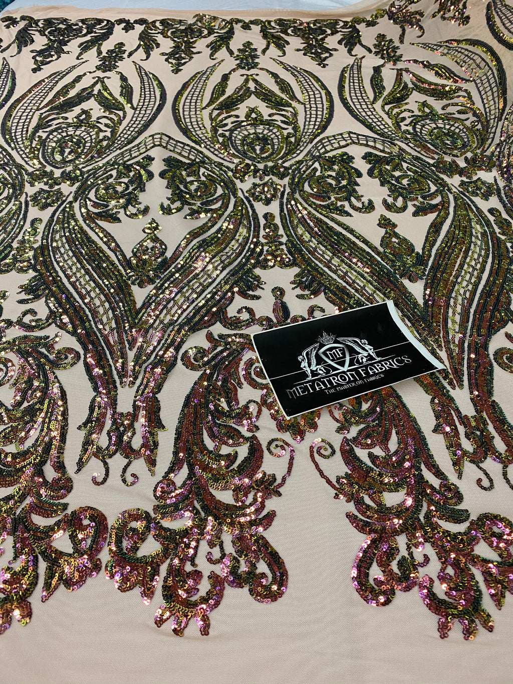 Big Damask Sequins Fabric - Iridescent Pink/Green - 4 Way Stretch Damask Sequins Design Fabric By Yard