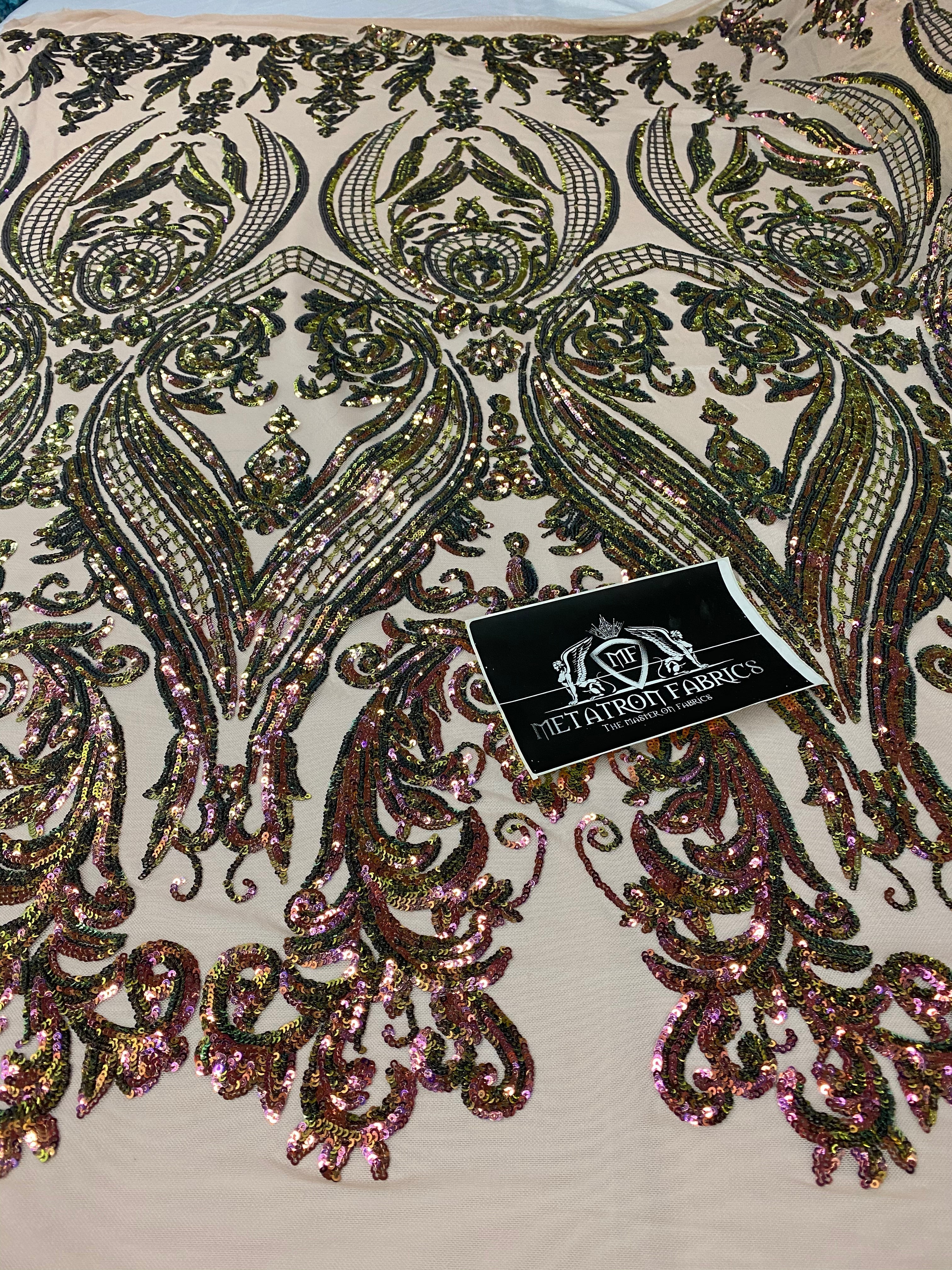 Big Damask Sequins Fabric - Iridescent Pink/Green - 4 Way Stretch Damask Sequins Design Fabric By Yard