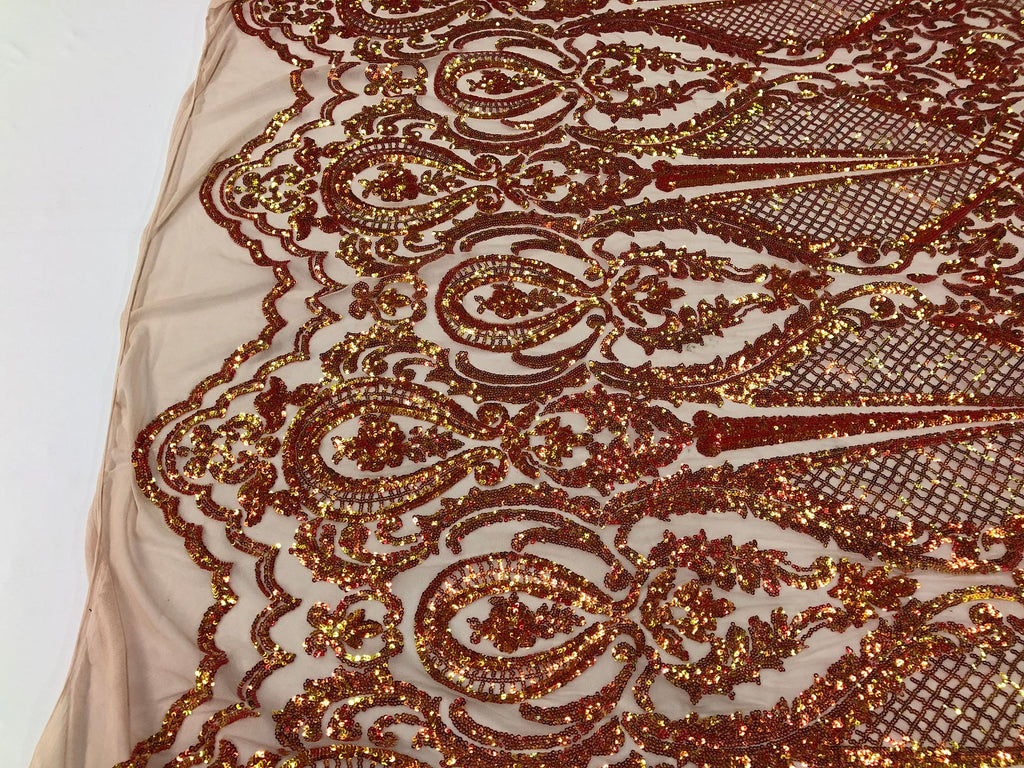 Iridescent Orange Sequin, 4 Way Stretch Damask Design Fabric On Blush Stretch Mesh By The Yard