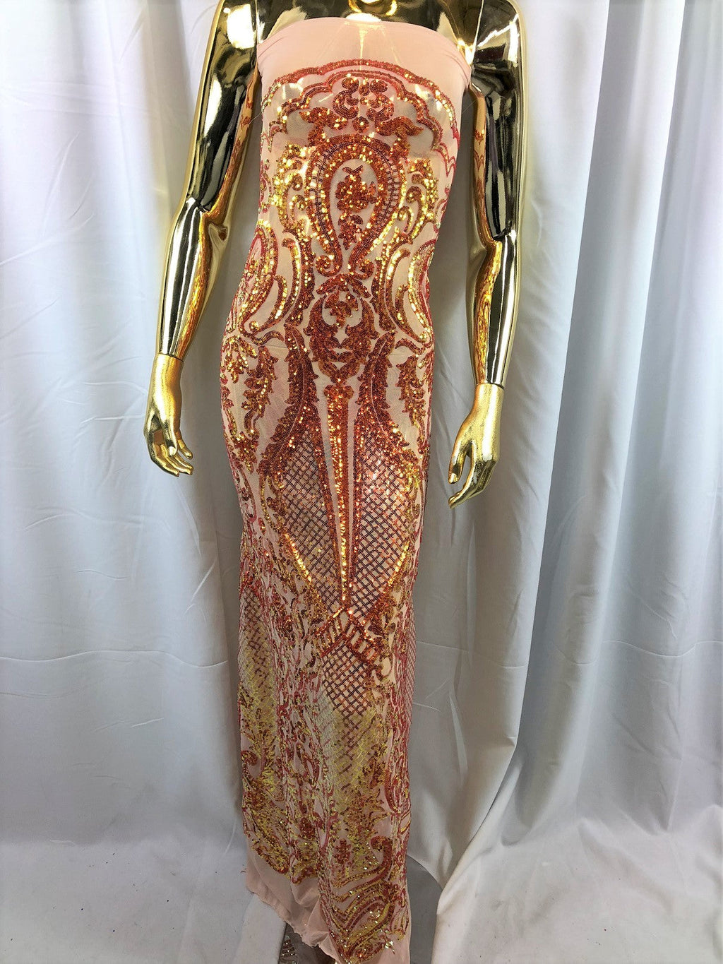 Iridescent Orange Sequin, 4 Way Stretch Damask Design Fabric On Blush Stretch Mesh By The Yard