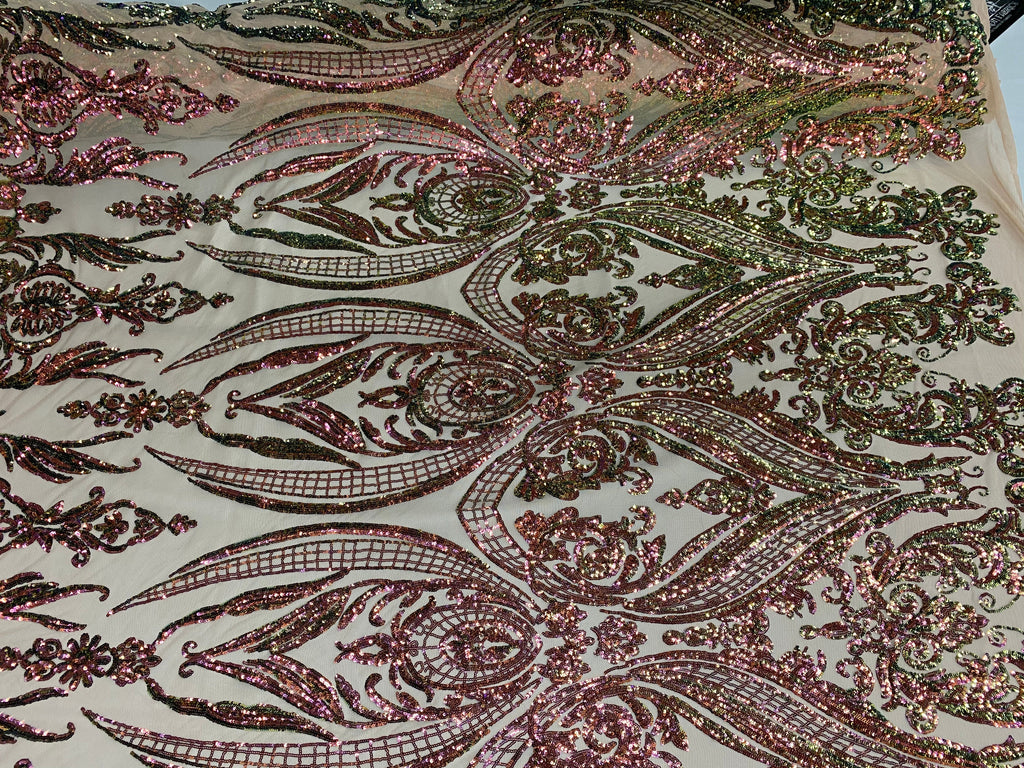 Big Damask Sequins Fabric - Iridescent Pink/Green - 4 Way Stretch Damask Sequins Design Fabric By Yard