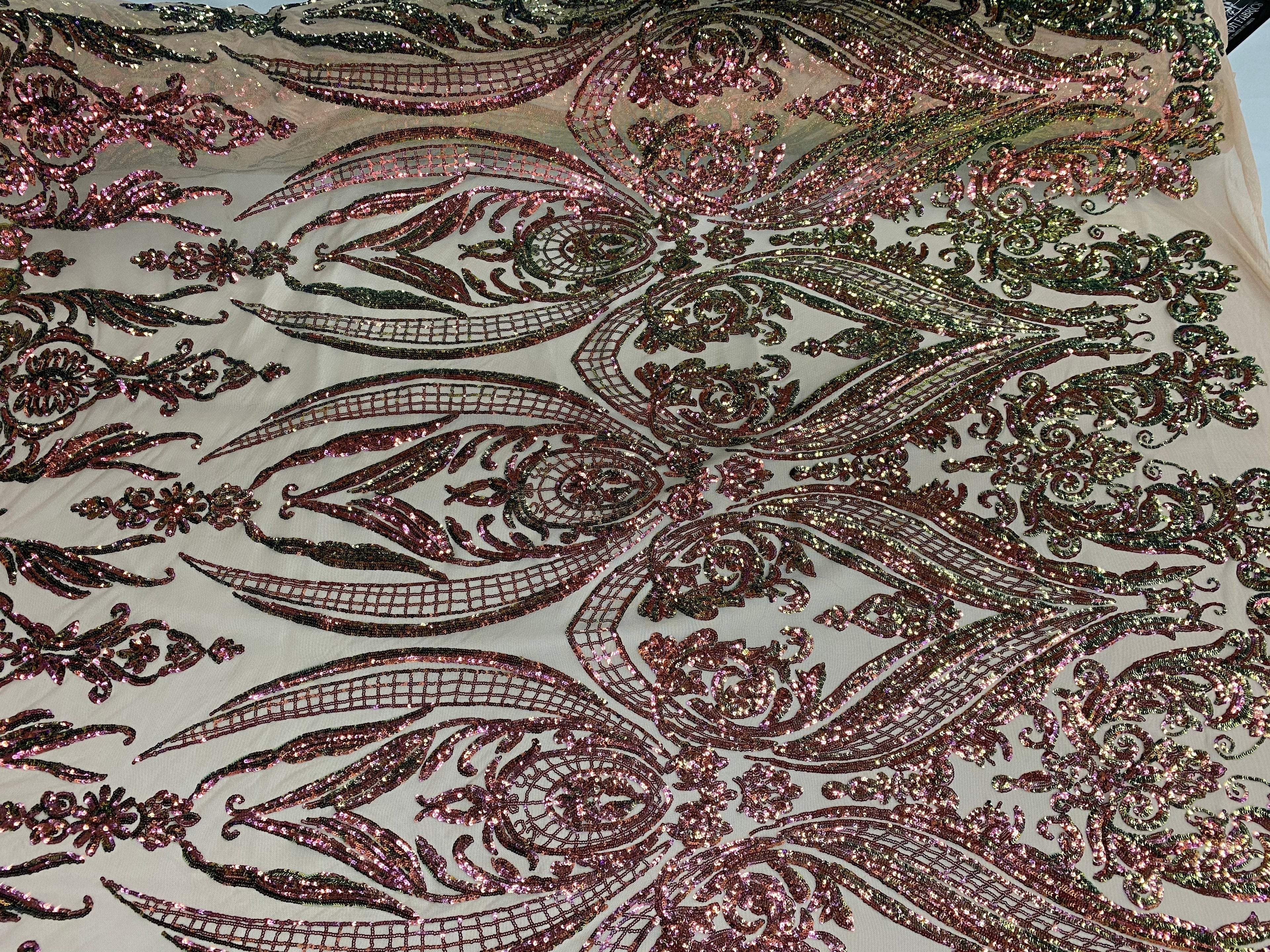 Big Damask Sequins Fabric - Iridescent Pink/Green - 4 Way Stretch Damask Sequins Design Fabric By Yard