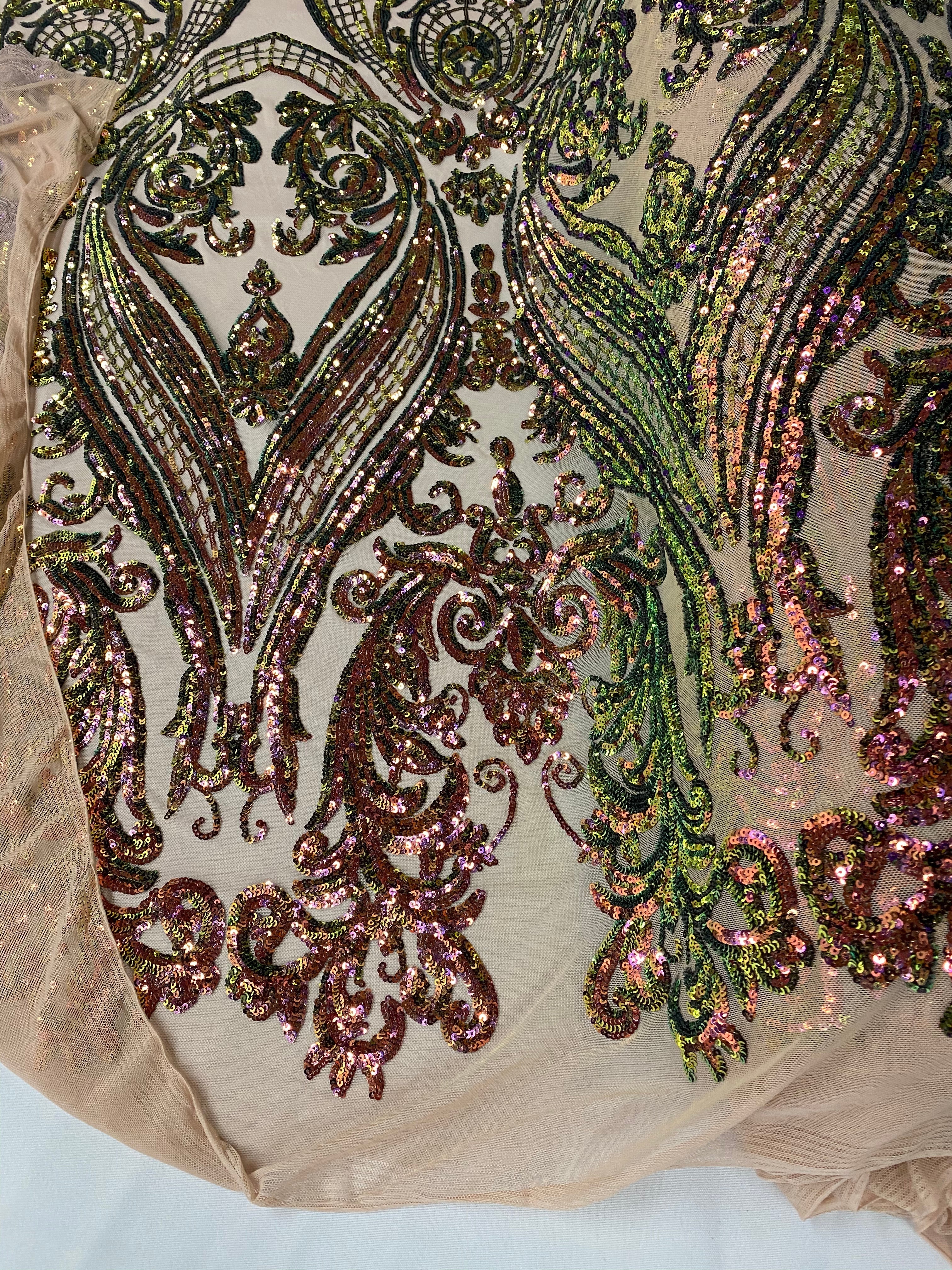 Big Damask Sequins Fabric - Iridescent Pink/Green - 4 Way Stretch Damask Sequins Design Fabric By Yard
