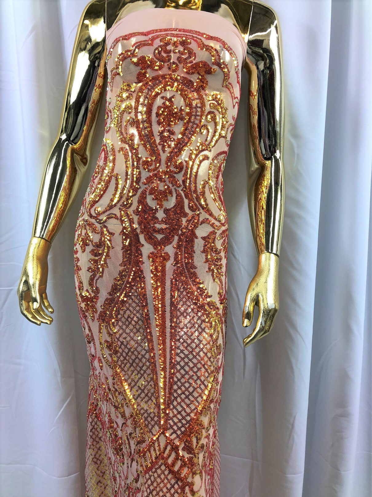 Iridescent Orange Sequin, 4 Way Stretch Damask Design Fabric On Blush Stretch Mesh By The Yard