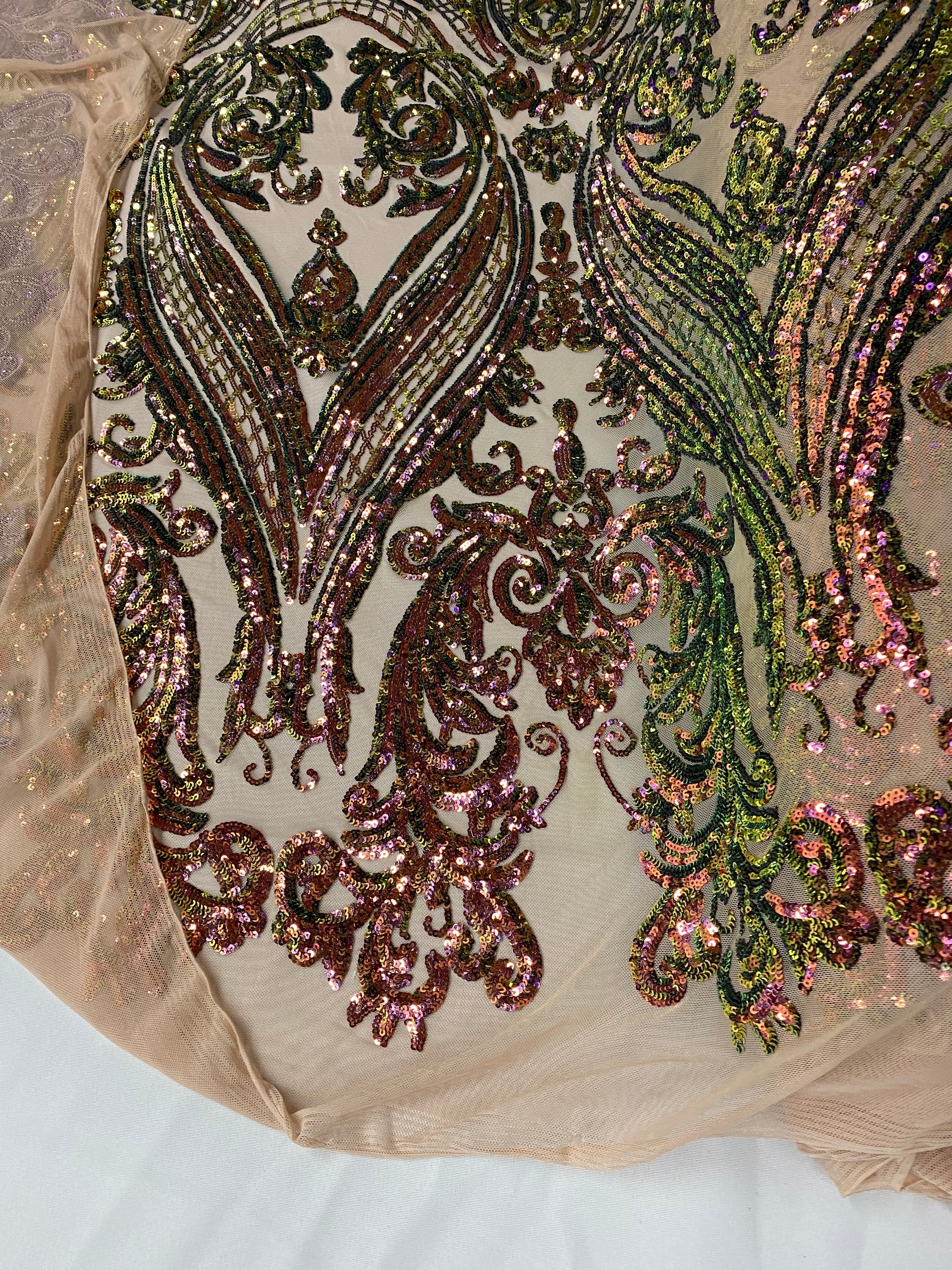 Big Damask Sequins Fabric - Iridescent Pink/Green - 4 Way Stretch Damask Sequins Design Fabric By Yard