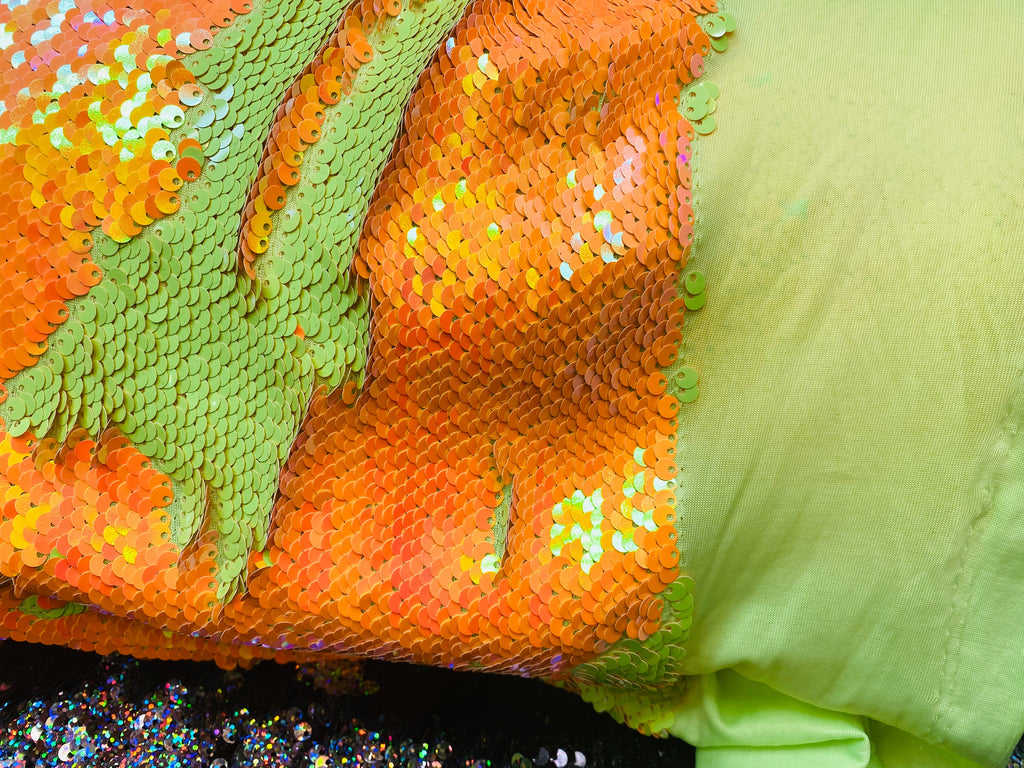 Reversible Sequins - Neon Yellow / Neon Orange - Mermaid Sequins Stretch Fabric By Yard